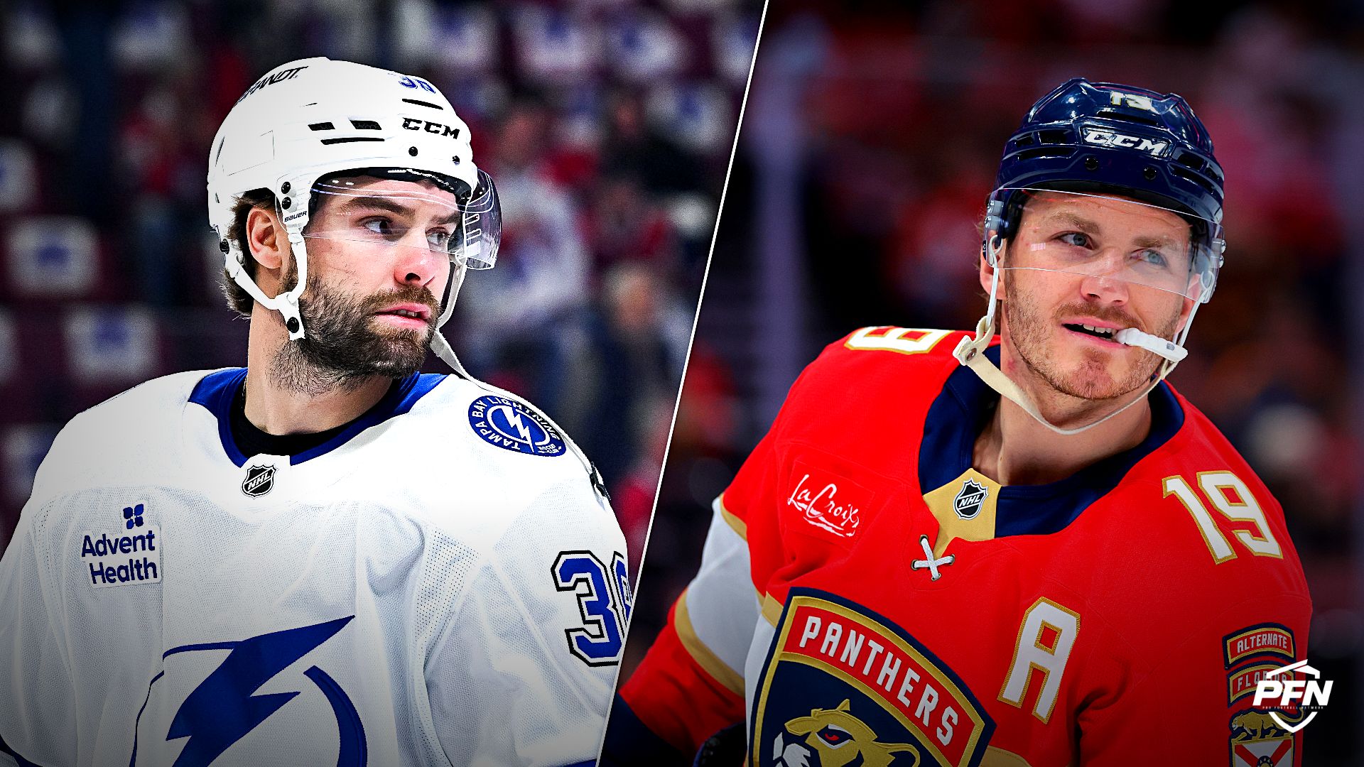Tampa Bay Lightning left wing Brandon Hagel and Florida Panthers left wing Matthew Tkachuk.