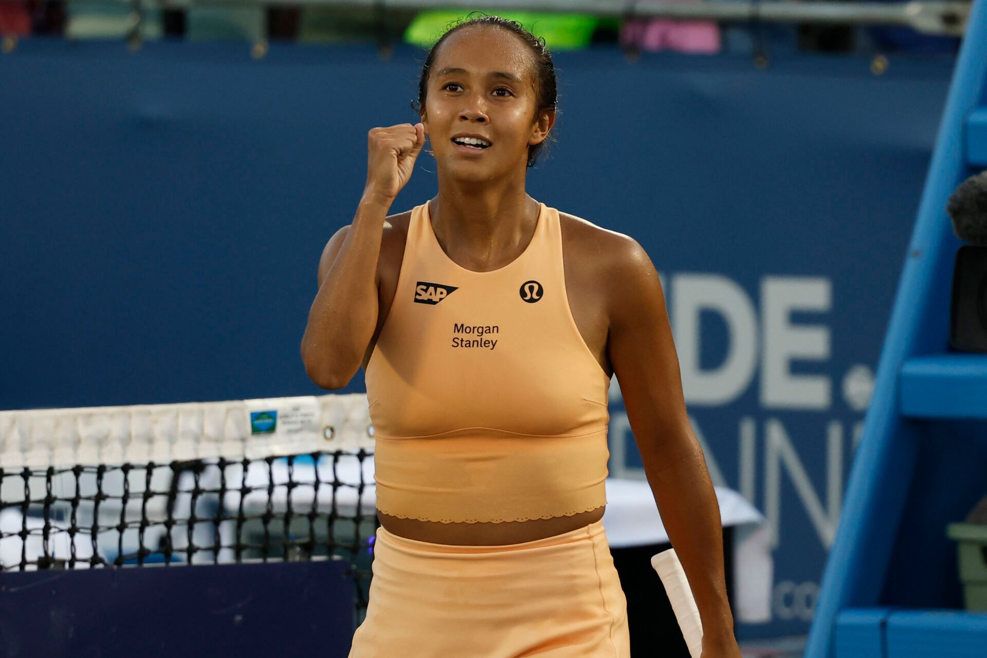 Leylah Fernandez (CAN) celebrates after her match against Jessica Pegula (USA)(not pictured) in a women's singles match on day four of the Mubadala Citi DC Open at Rock Creek Park Tennis Center.