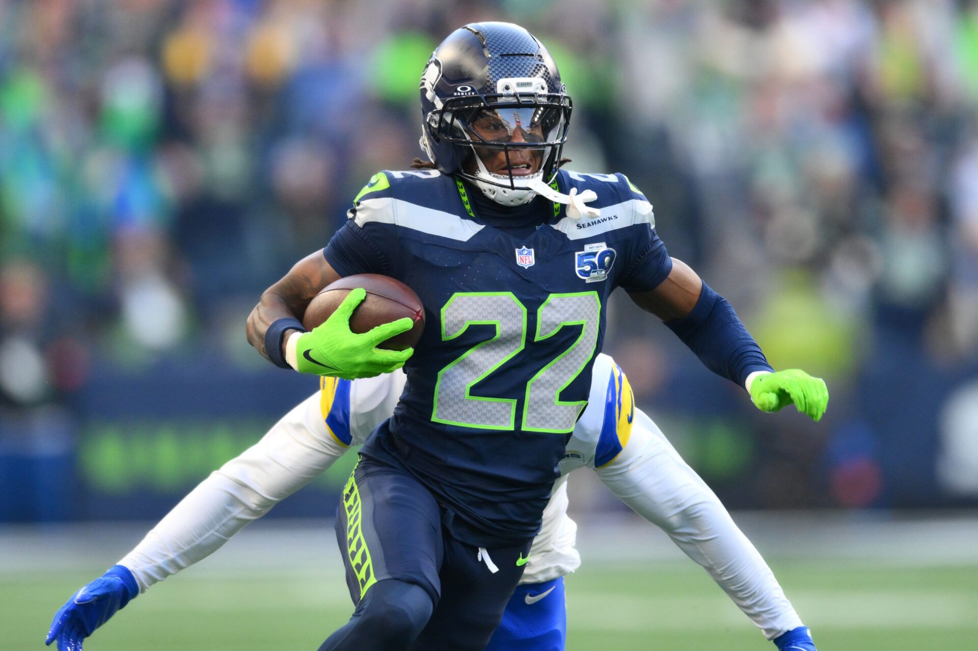 Seattle Seahawks wide receiver Rashid Shaheed (22) runs in the first half against the Los Angeles Rams in the 2026 NFC Championship Game at Lumen Field.