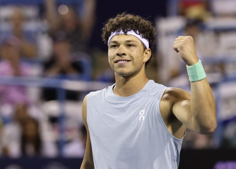 Ben Shelton (USA) celebrates after match point against Martin Damm (USA) (not pictured) on day two of the 2026 Mubadala DC Open at Rock Creek Park Tennis Center.