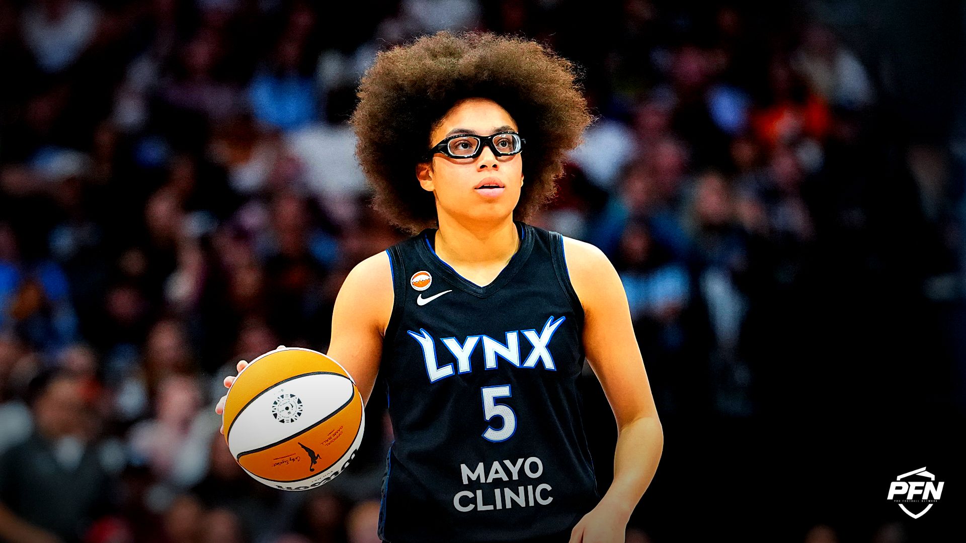 Minnesota Lynx guard Olivia Miles (5) looks on against the Toronto Tempo at Scotiabank Arena.