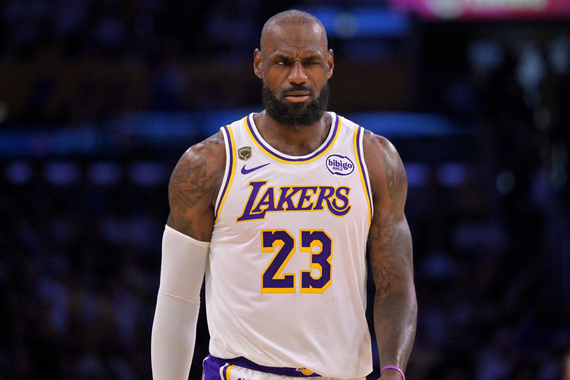 Los Angeles Lakers forward LeBron James (23) reacts after a foul in game three of the second round of the 2026 NBA Playoffs against the Oklahoma City Thunder at Crypto.com Arena.