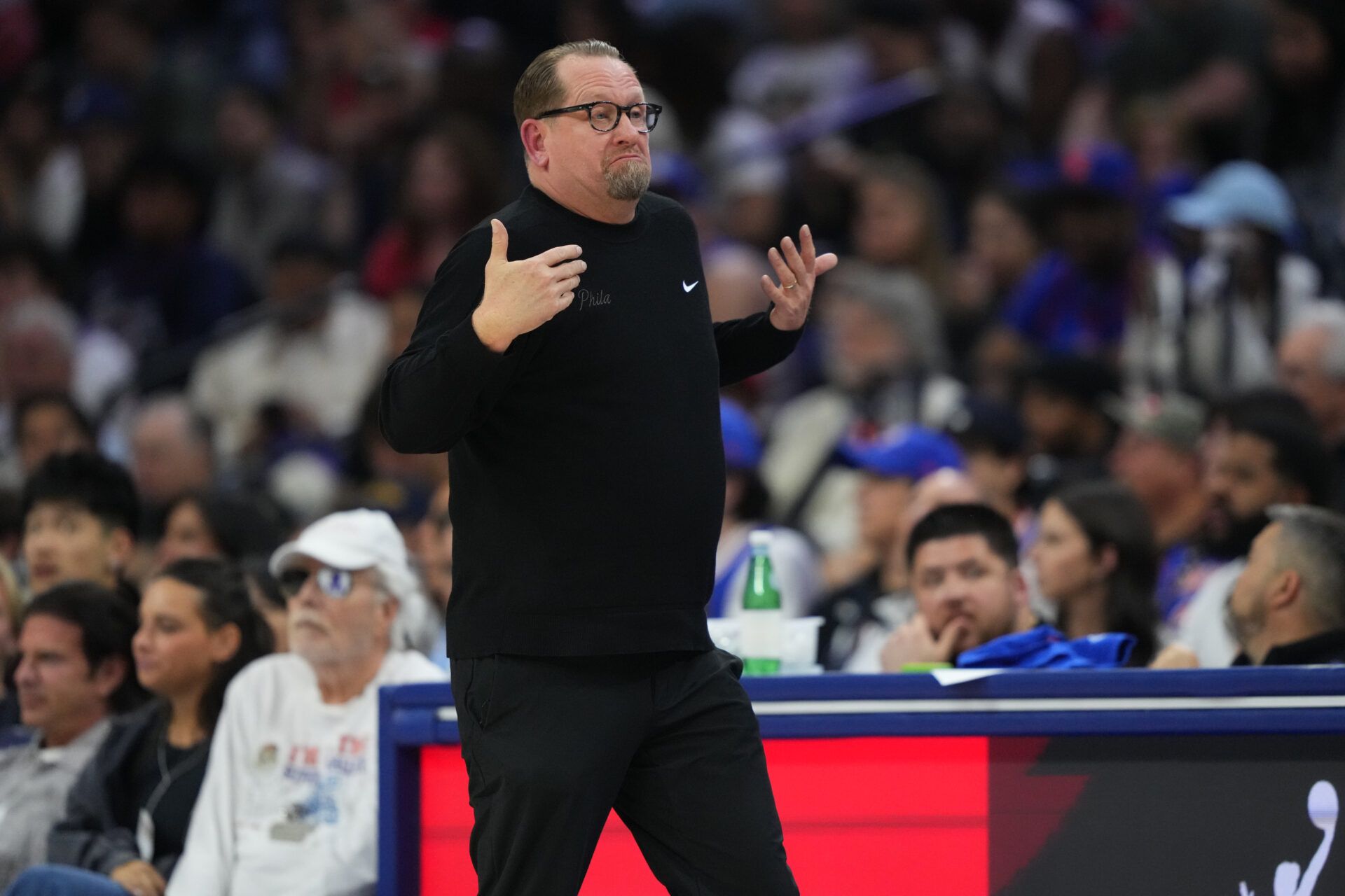 Philadelphia 76ers head coach Nick Nurse reacts against the New York Knicks in the second quarter during game four of the second round of the 2026 NBA Playoffs at Xfinity Mobile Arena.