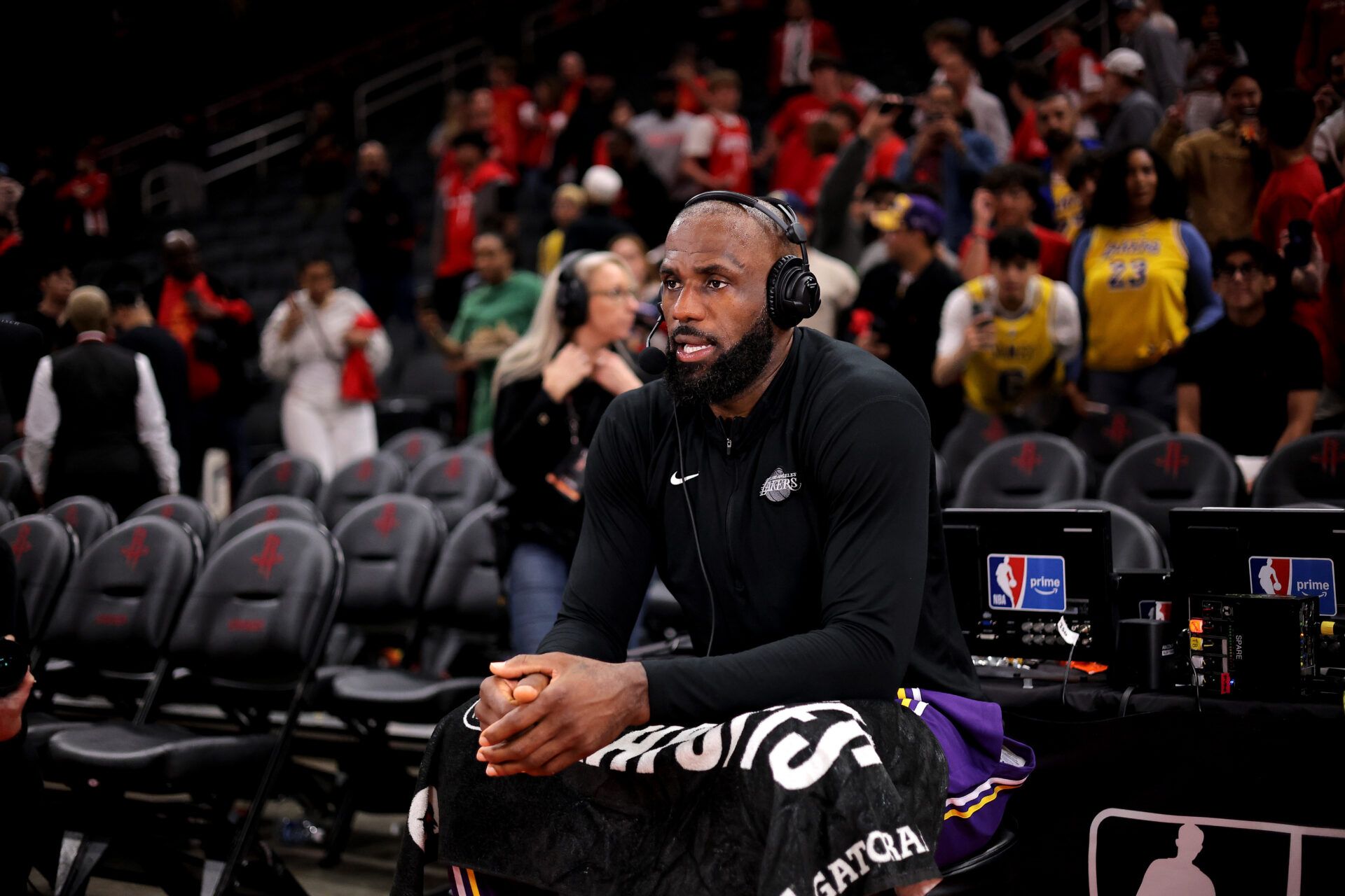 Los Angeles Lakers forward Lebron James (23) talks with Amazon Prime broadcasters in studio following game six of the first round of the 2026 NBA Playoffs at Toyota Center.