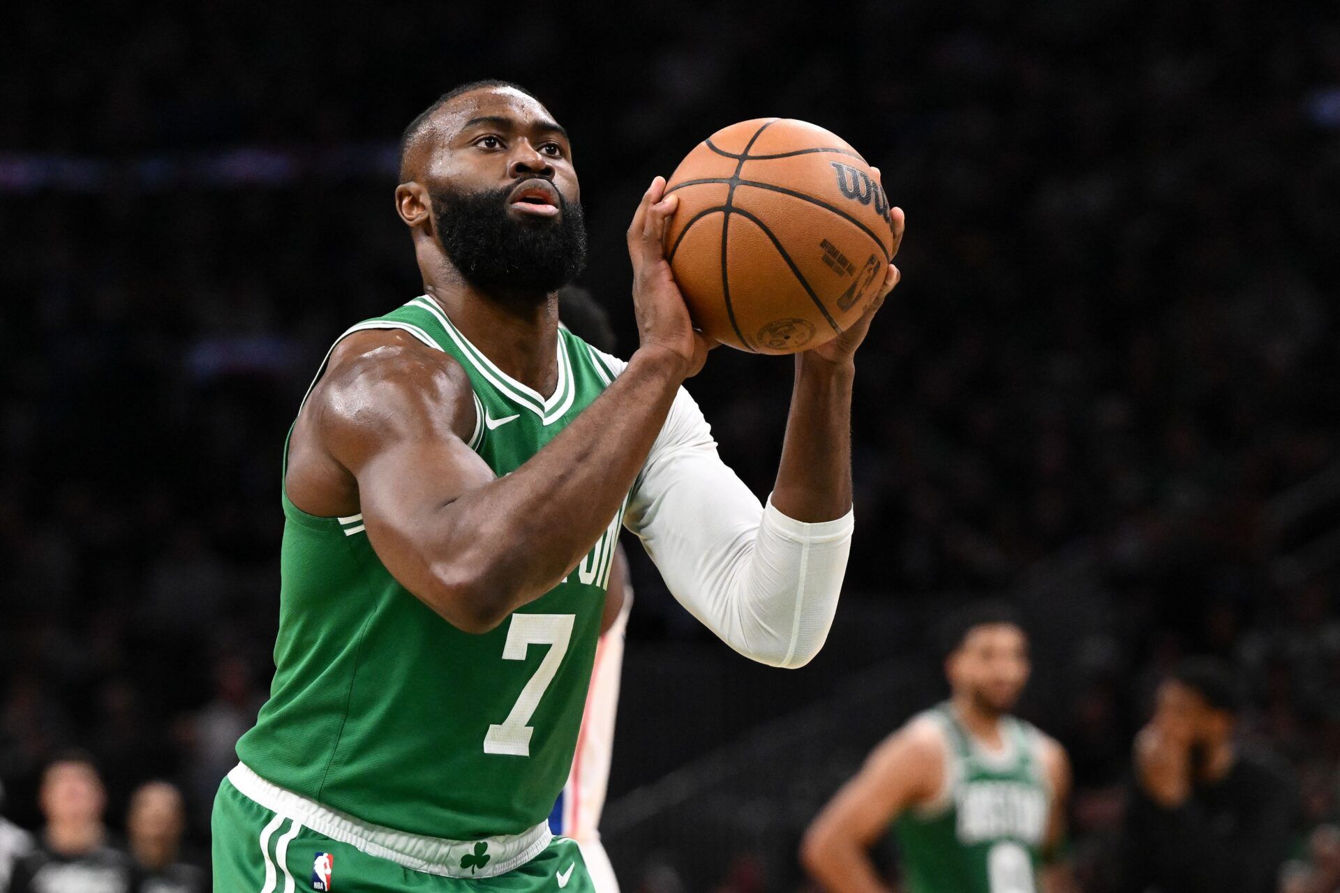 Boston Celtics guard Jaylen Brown (7) attempts a free throw against the Philadelphia 76ers in the second half of a game two of the first round of the 2026 NBA Playoffs at TD Garden.