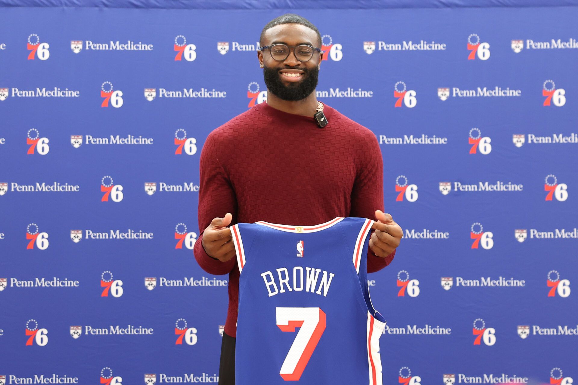 Philadelphia 76ers guard Jaylen Brown poses for a photo during his introductory press conference at the  Francis J. Myers Recreation Center.