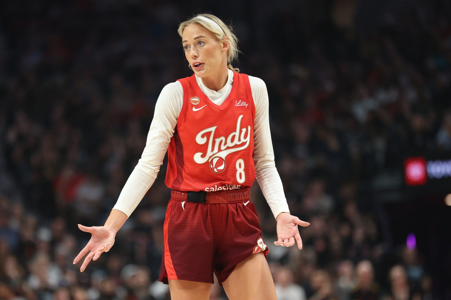 Indiana Fever guard Sophie Cunningham (8) reacts to game play against the Portland Fire during the first half at Moda Center.