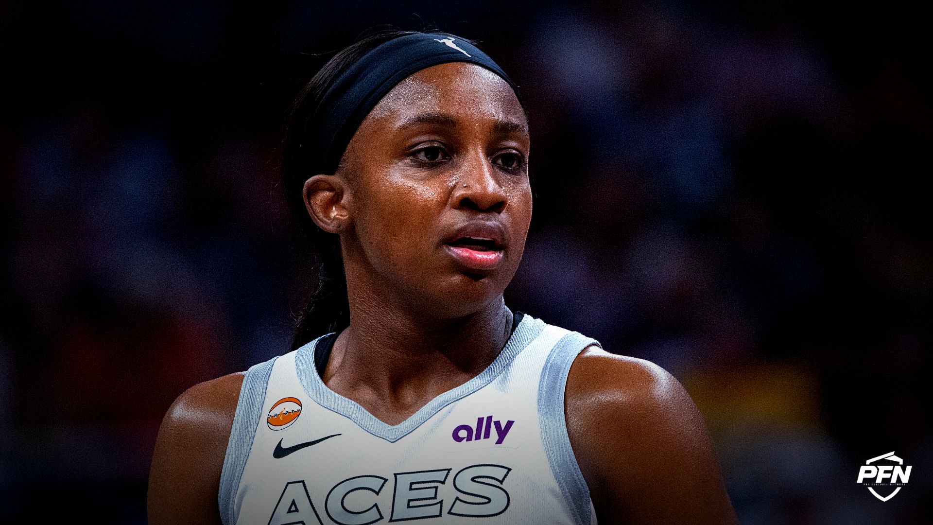 Las Vegas Aces guard Jackie Young (0) looks on in the first half against the Indiana Fever at Gainbridge Fieldhouse.
