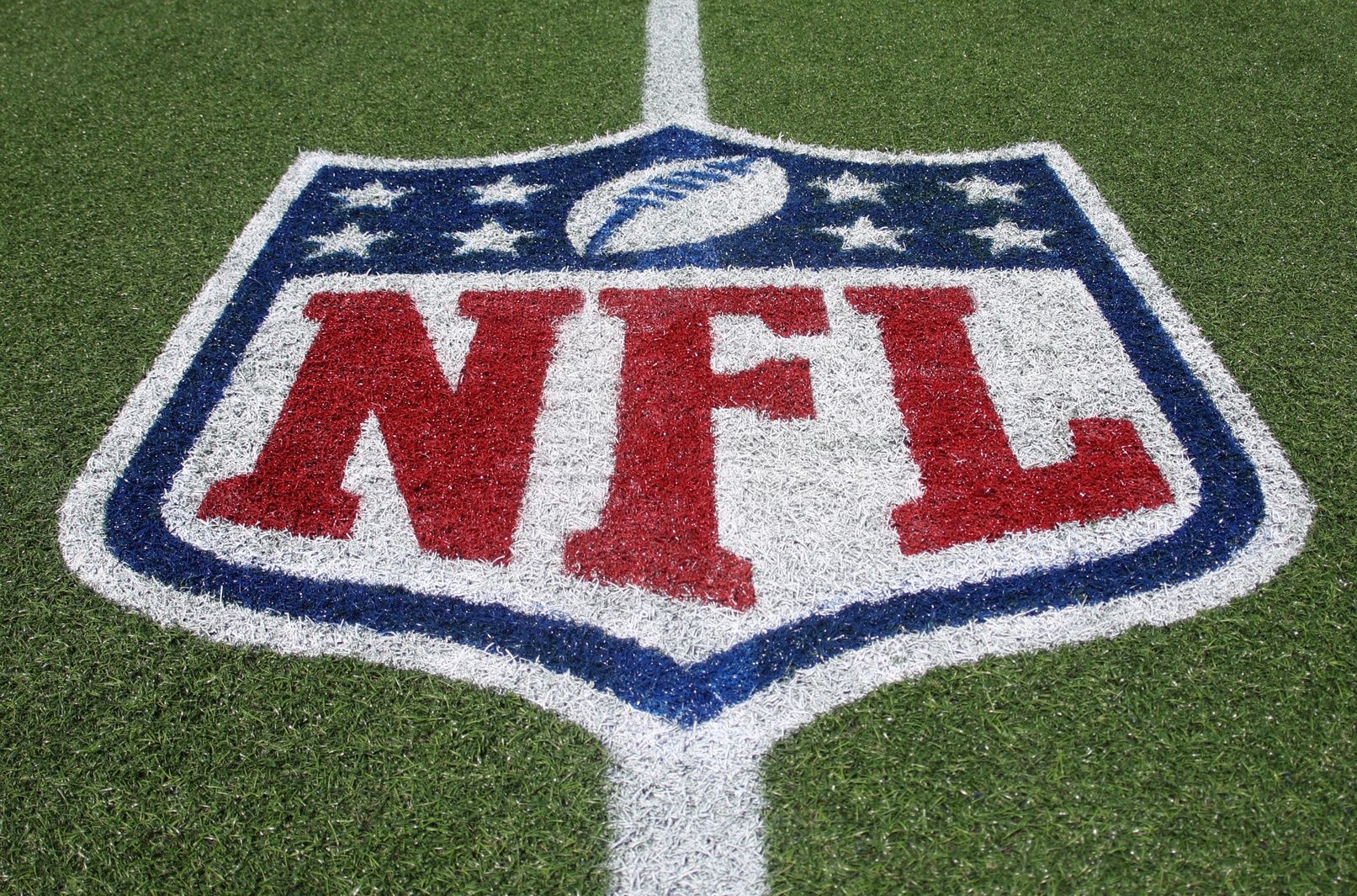 The NFL shield logo on the field before the Carolina Panthers and Arizona Cardinals play at Tom Benson Hall of Fame Stadium.