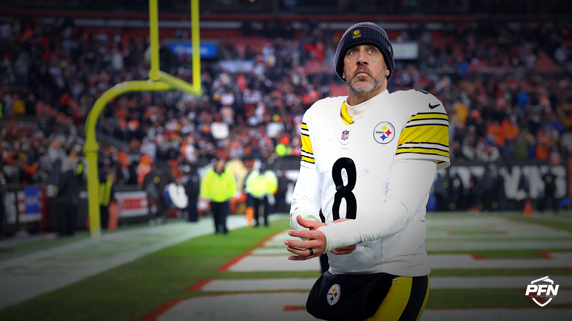 Pittsburgh Steelers quarterback Aaron Rodgers (8) looks on after the game against the Cleveland Browns at Huntington Bank Field.