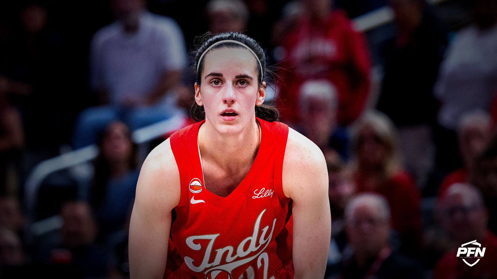 Indiana Fever guard Caitlin Clark (22) looks on in the second half against the Las Vegas Aces at Gainbridge Fieldhouse.