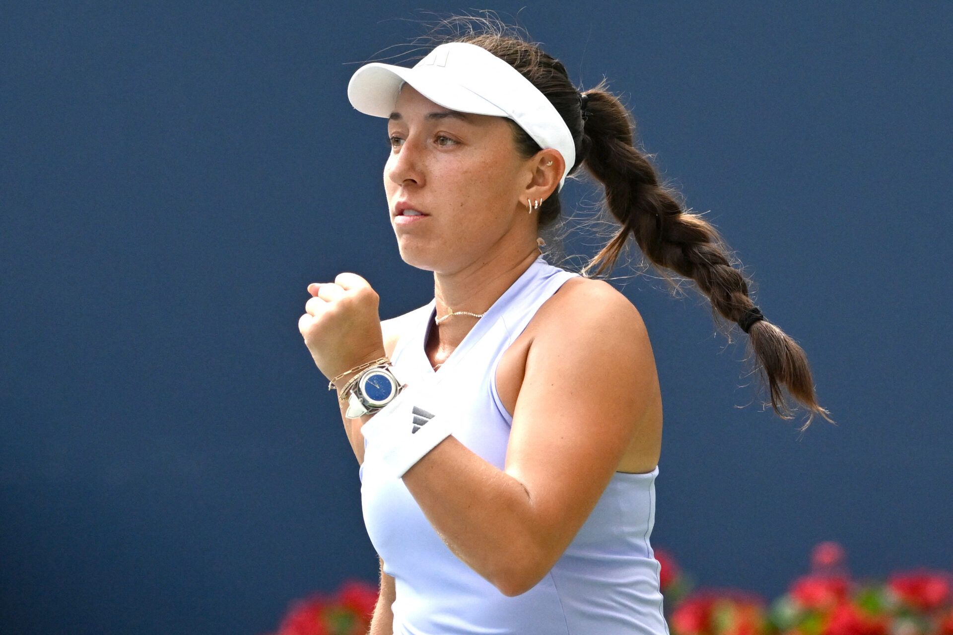 Jessica Pegula (USA) reacts after winning the first set against Kamilla Rakhimova (UZB) during third round play at Sobeys Stadium.
