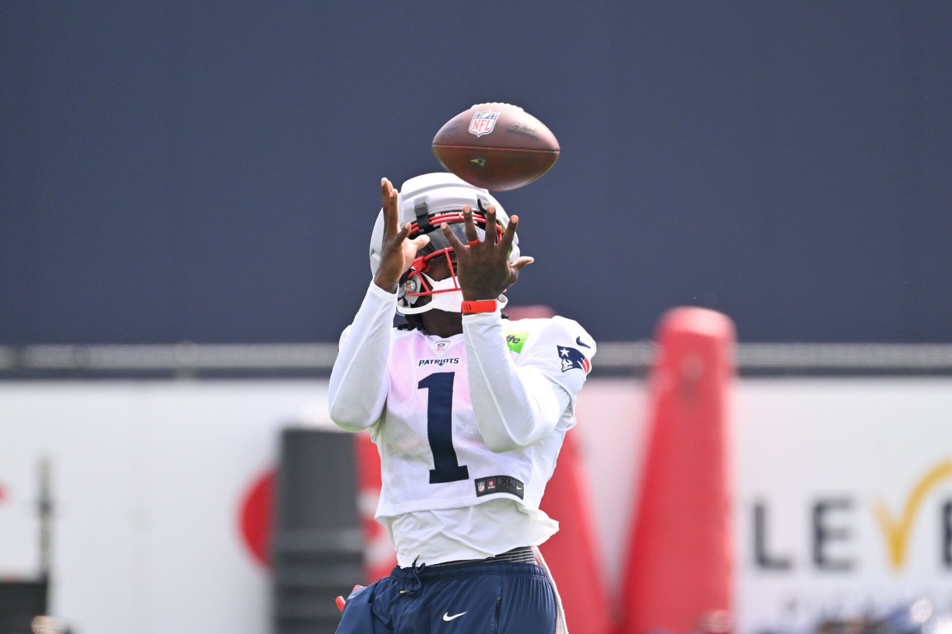 New England Patriots wide receiver A.J. Brown (1) makes a catch during training camp at Gillette Stadium.