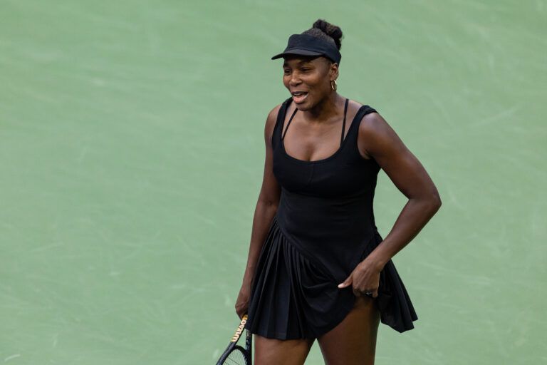 Venus Williams of the United States and Leylah Fernandez of Canada in action against Taylor Townsend of the United States and Katerina Siniakova of Czech Republic in the quarterfinal of the women’s doubles at the US Open at Louis Armstrong Stadium in Billie Jean King National Tennis Center.