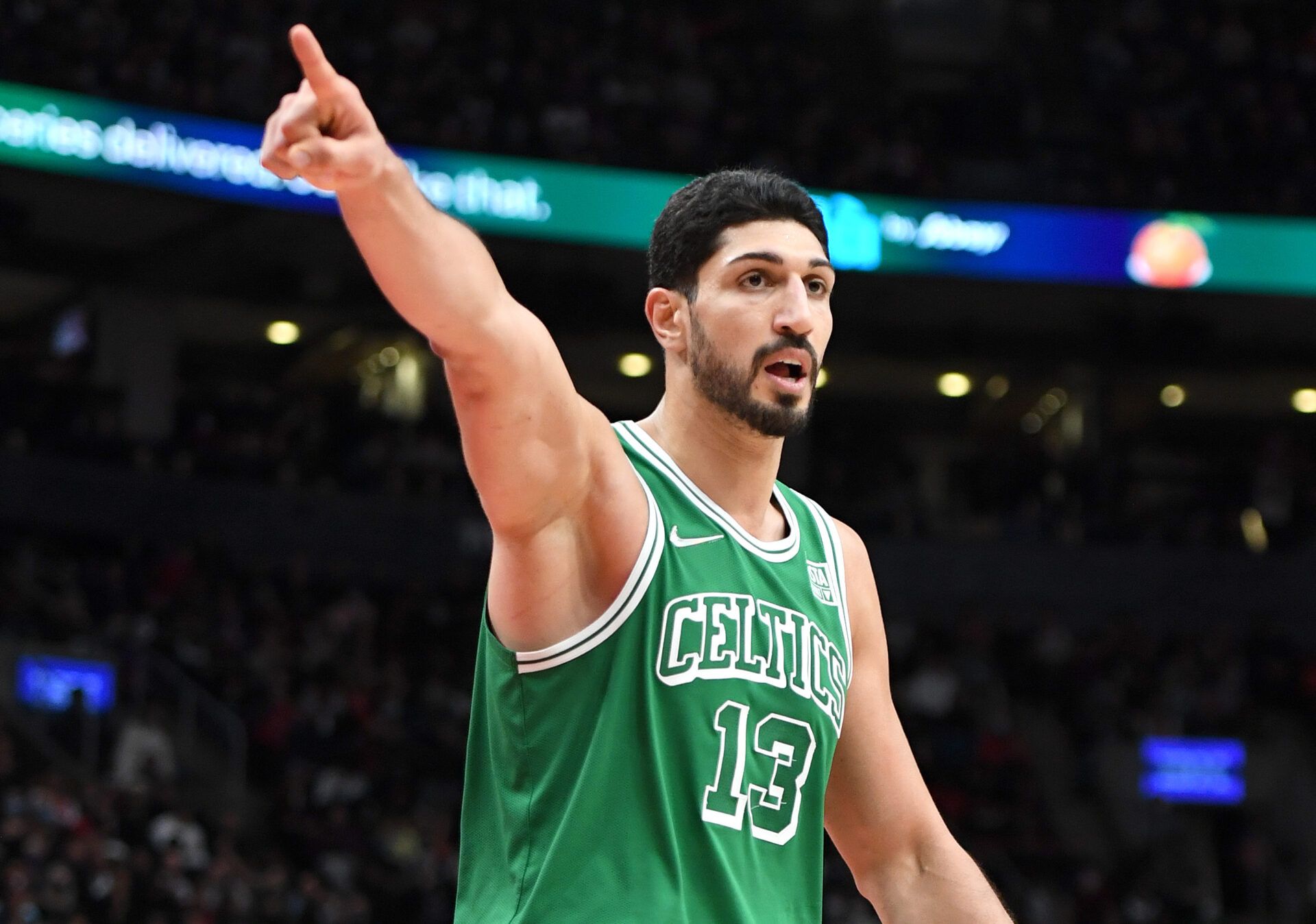 Boston Celtics center Enes Kanter (13) gestures as he reacts to an officials call against Toronto Raptors in the second half at Scotiabank Arena.