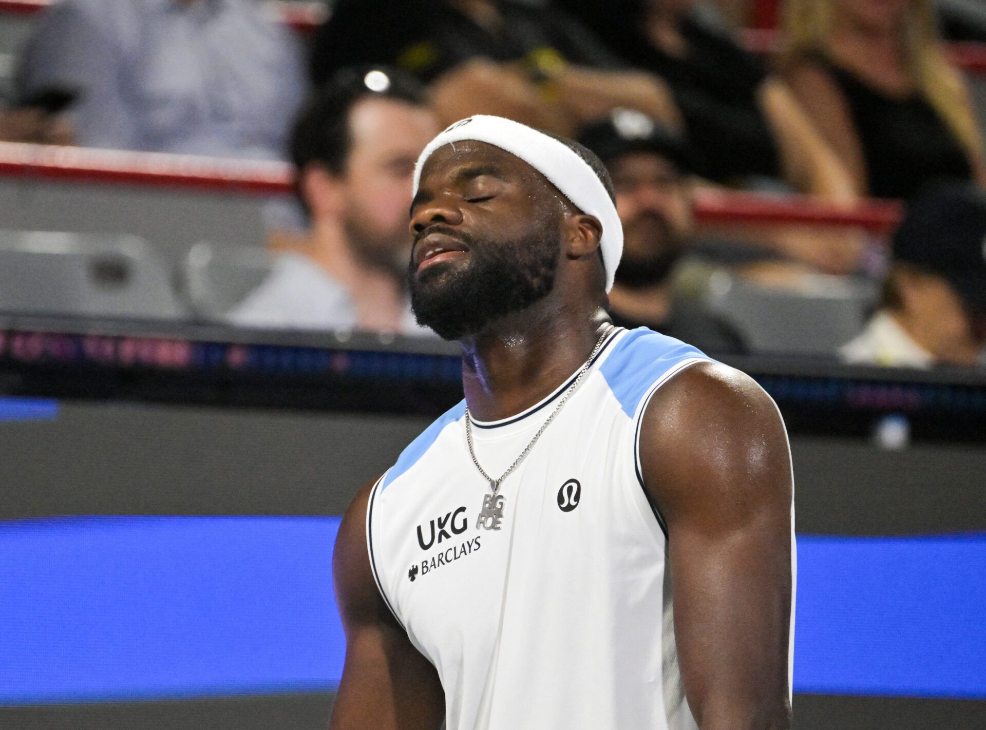 Frances Tiafoe (USA) reacts after a point against Arthur Rinderknech (FRA) during third round play at IGA Stadium.