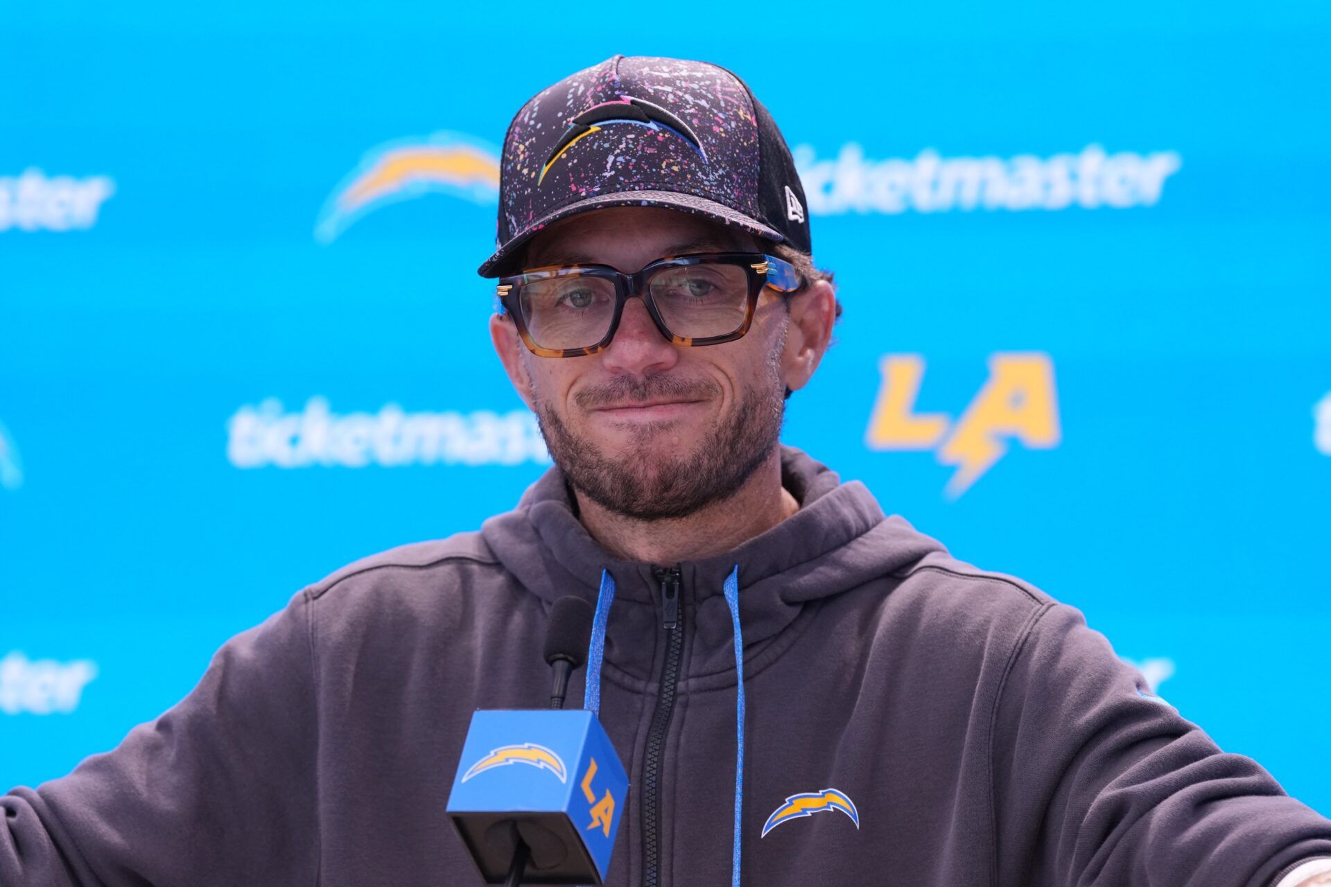 Los Angeles Chargers offensive coordinator Mike McDaniel during training camp press conference at The Bolt.