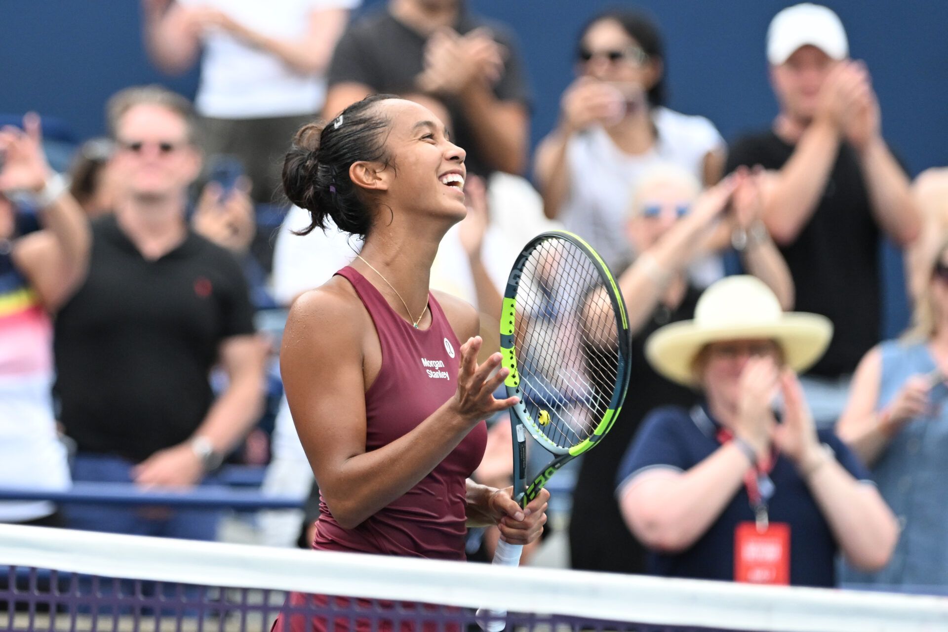 Leylah Fernandez (CAN) reacts after defeating Mirra Andreeva during third round play at Sobeys Stadium.