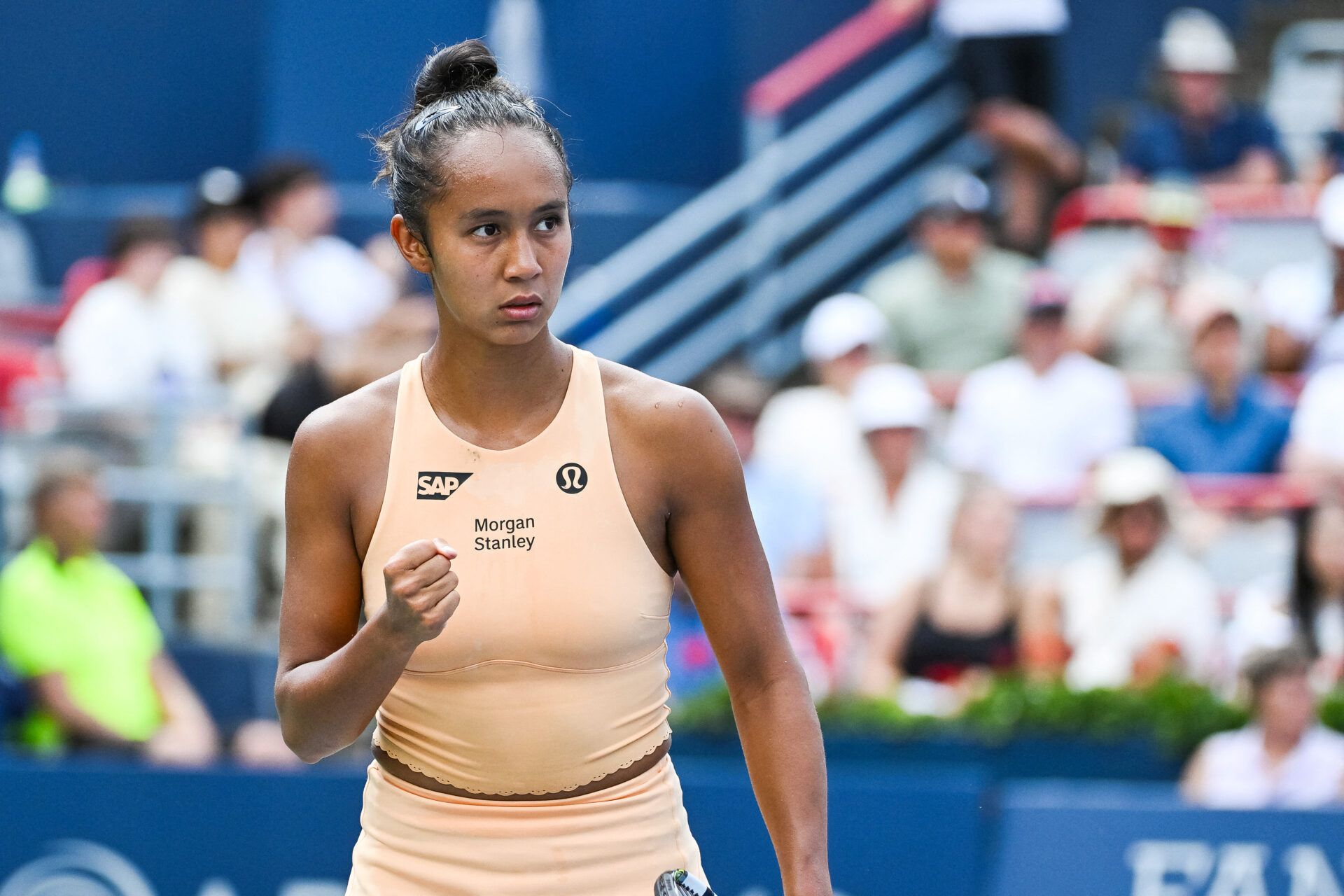 Leylah Fernandez (CAN) reacts after scoring a point against Maya Joint (AUS) in first round play at IGA Stadium.