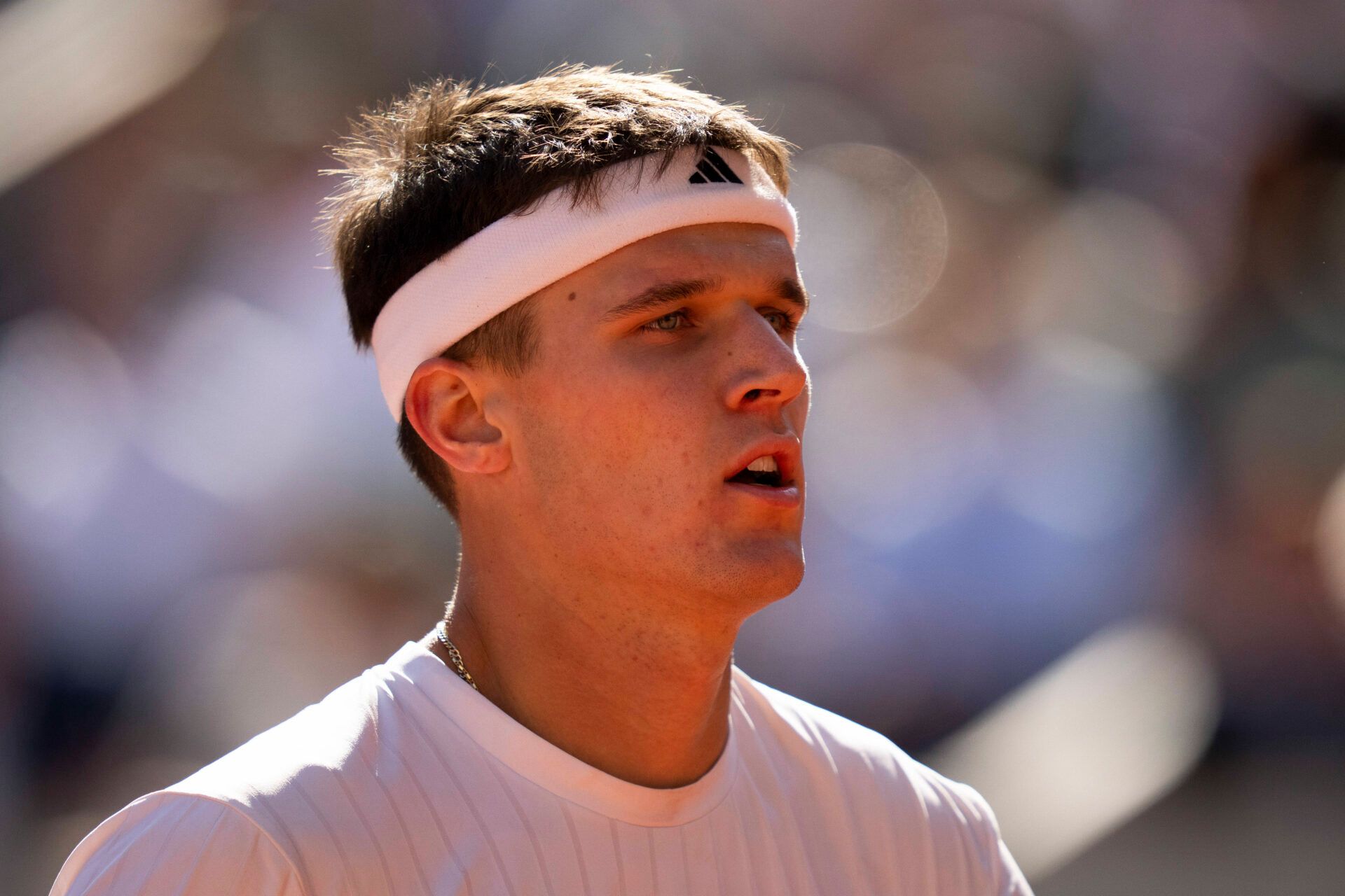 Jakub Mensik of Czechia  during his match against Alexander Zverev of Germany on day 12 at Stade Roland Garros.