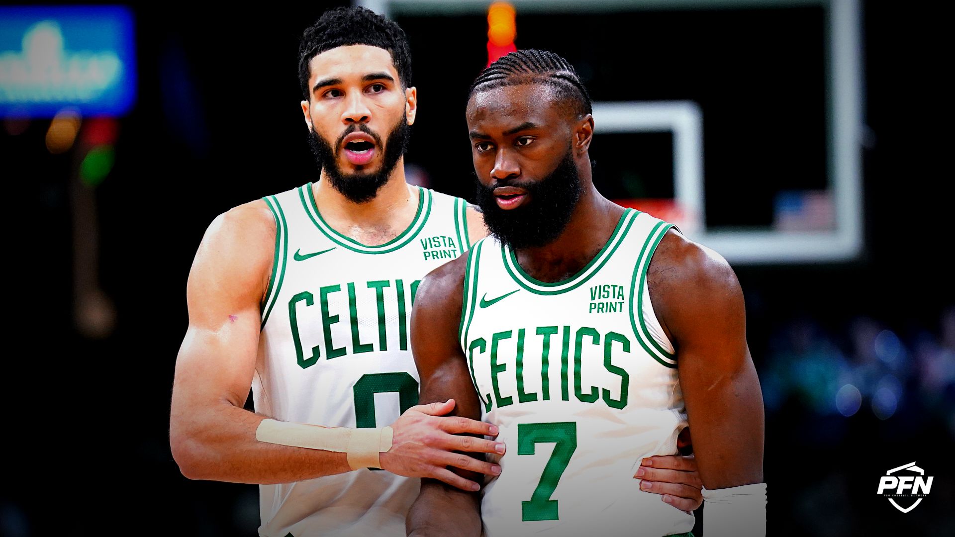 Boston Celtics forward Jayson Tatum (0) and guard Jaylen Brown (7) on the court against the Cleveland Cavaliers in the second half at TD Garden.
