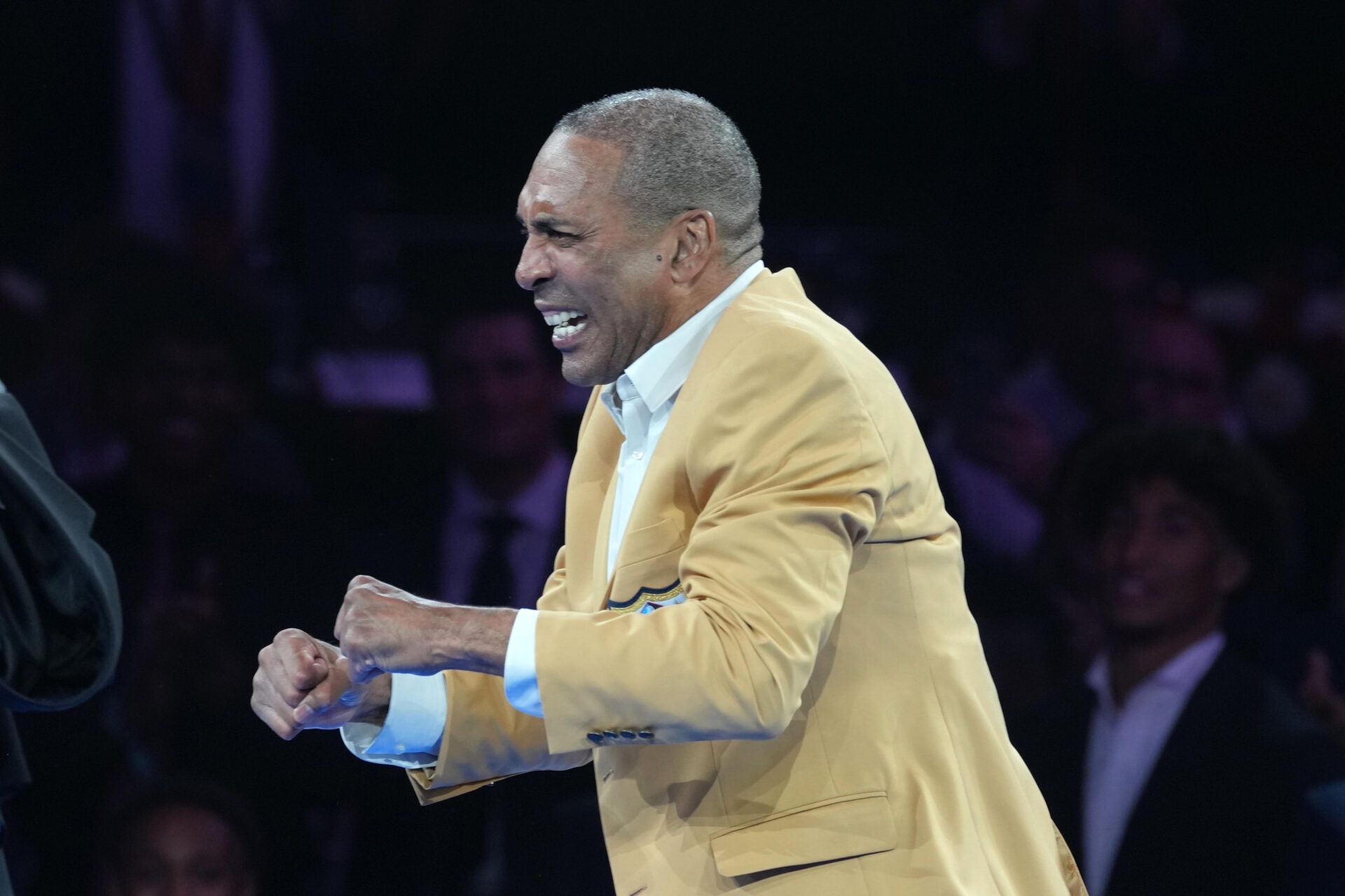 Roger Craig reacts during the Pro Football Hall of Fame Gold Jacket dinner at Canton Memorial Civic Center and Cultural Center.