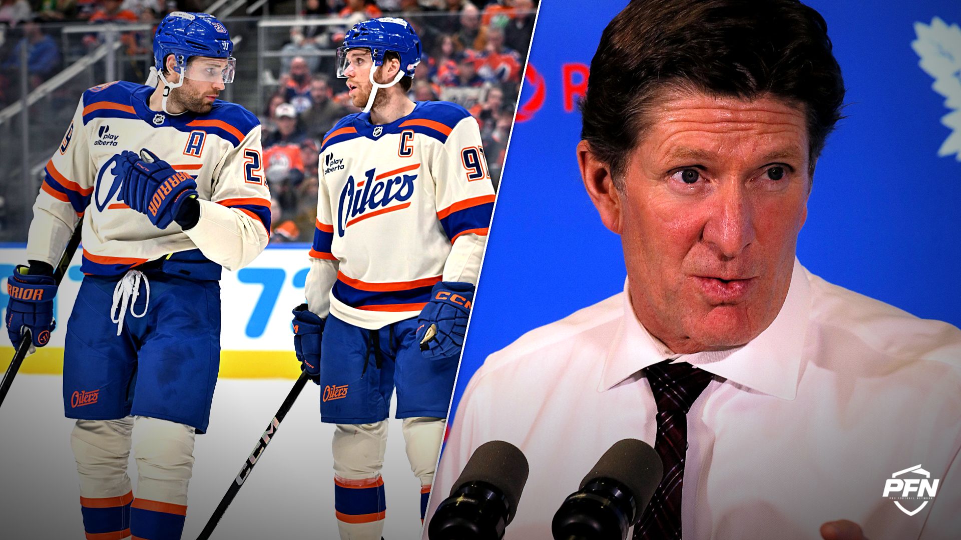 Edmonton Oilers centers Leon Draisaitl and Connor McDavid and Oilers head coach Mike Babcock.