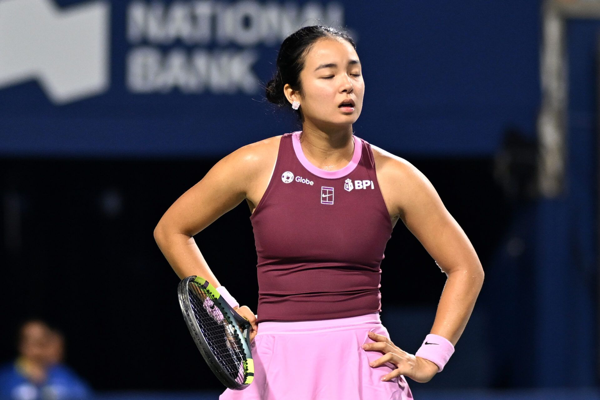Alexandra Eala (PHI) reacts after losing a game against Caty McNally (USA) during third round play at Sobeys Stadium.