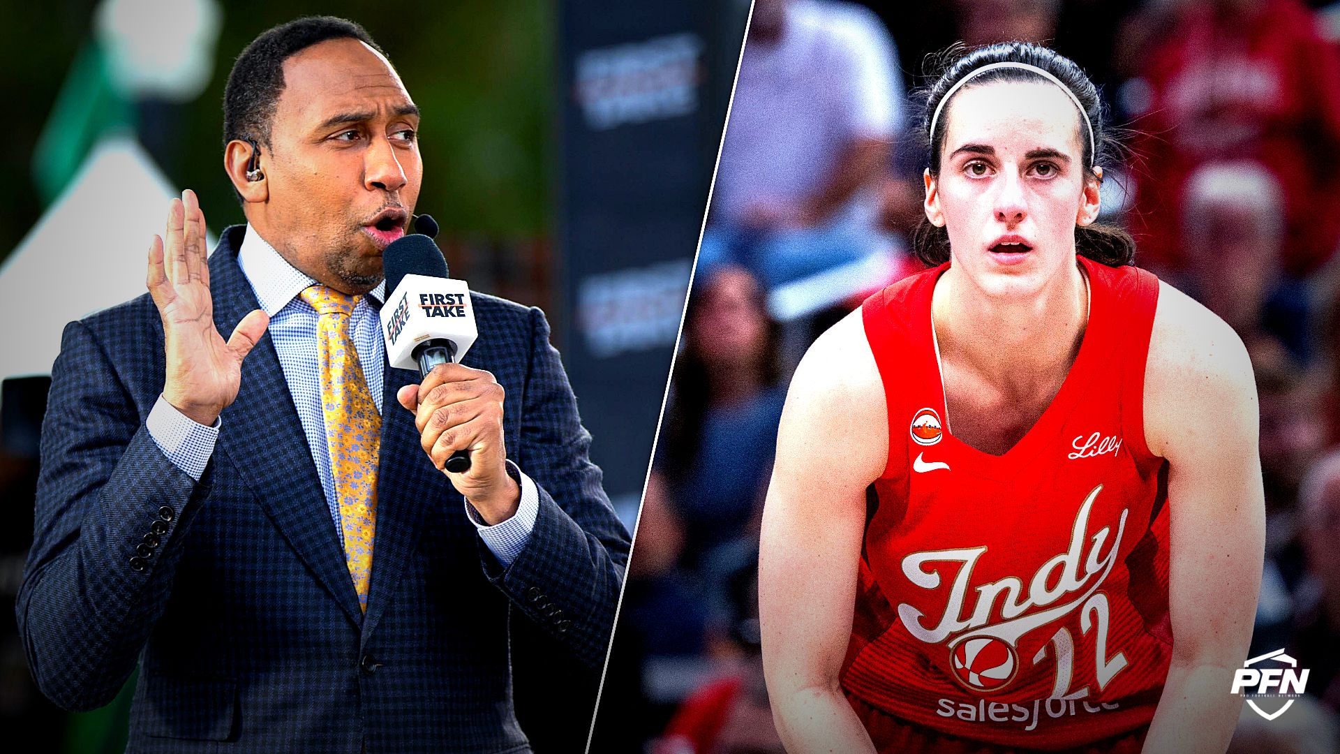 Collage featuring Sports commentator Stephen A. Smith speaks during a live taping of ESPN's 