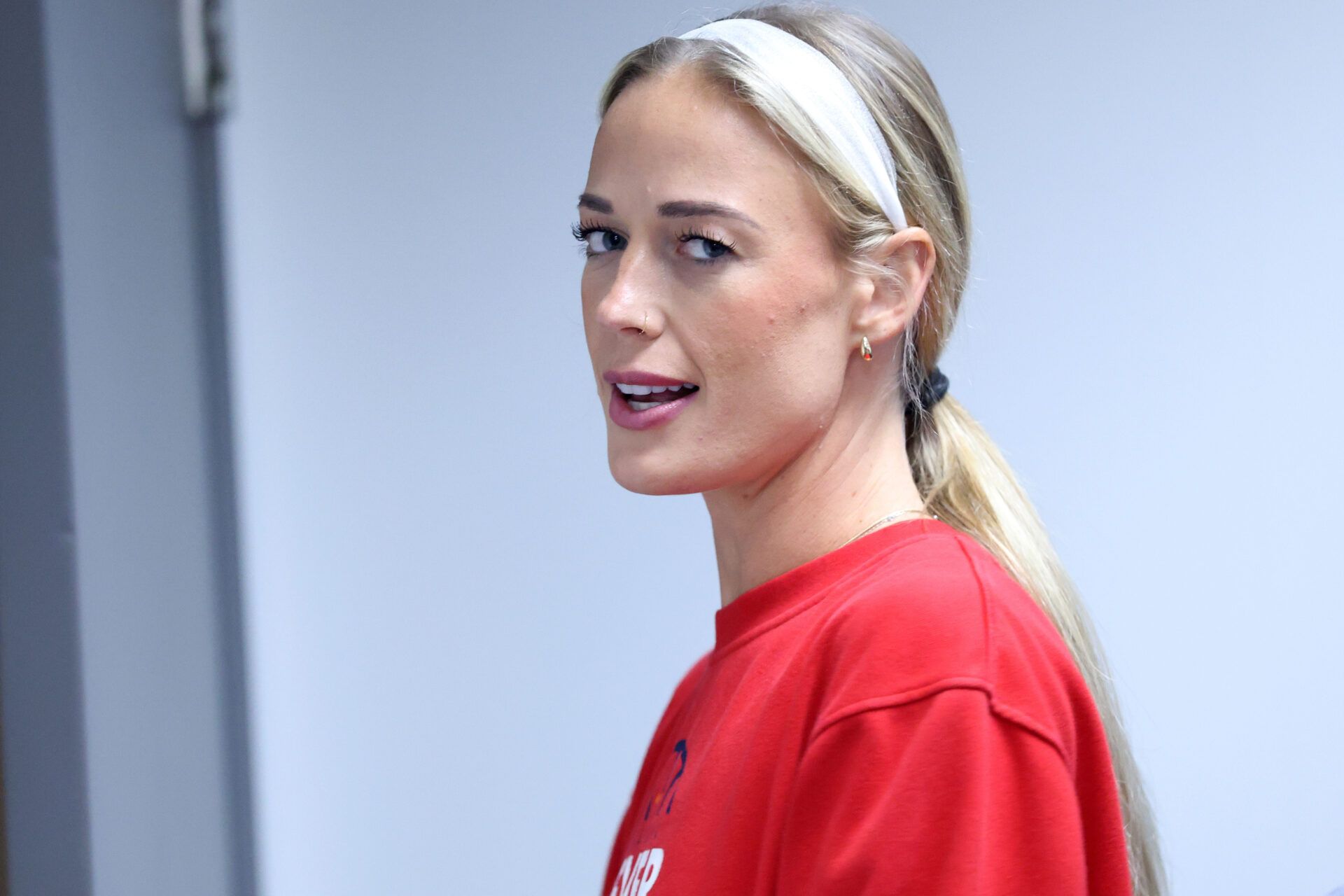 Indiana Fever guard Sophie Cunningham (8) finishes a press conference before a game against the Portland Fire at Moda Center.