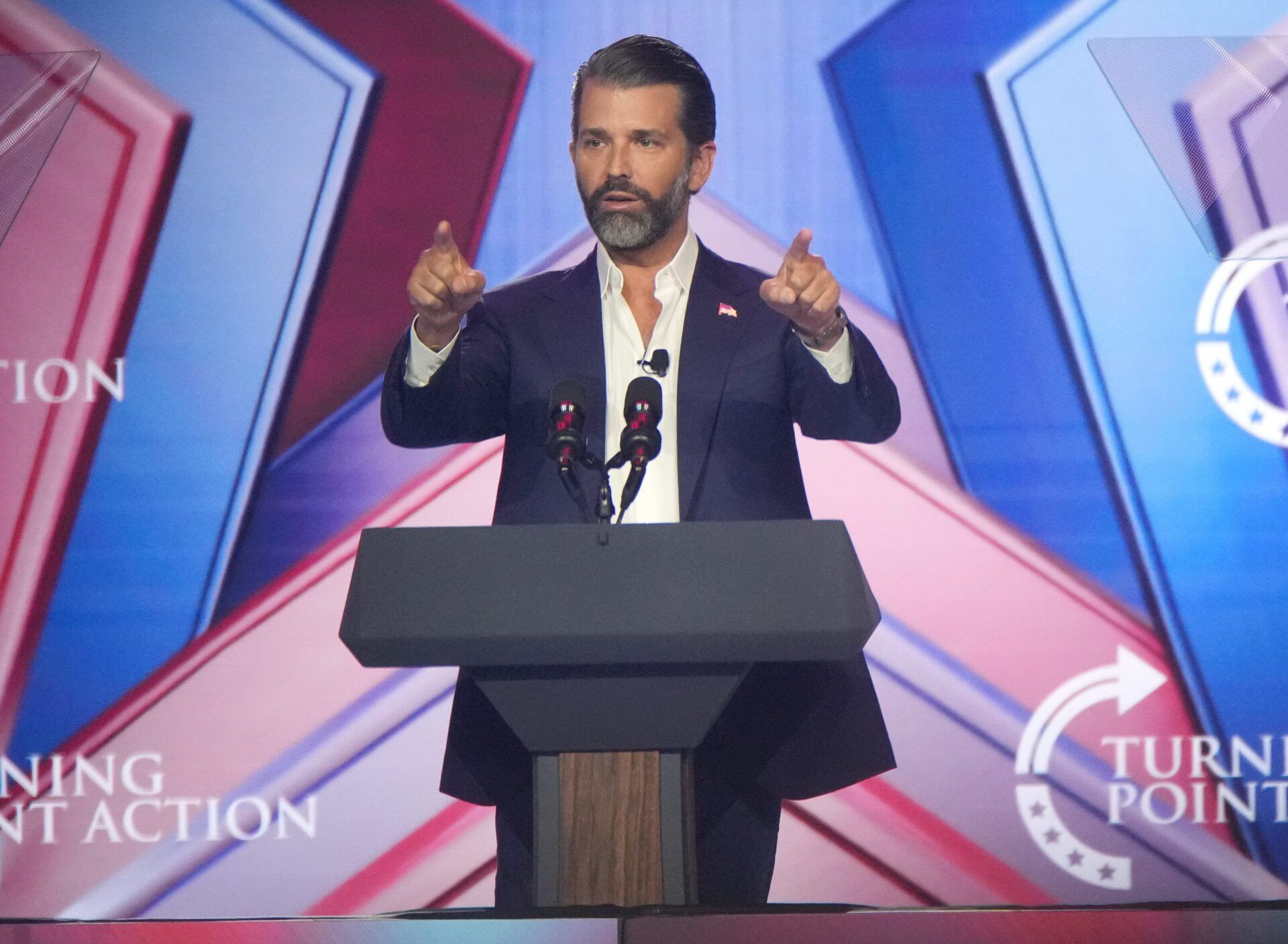 Donald Trump Jr. speaks at the Phoenix Convention Center during the final day of AmericaFest on Dec. 21, 2025.