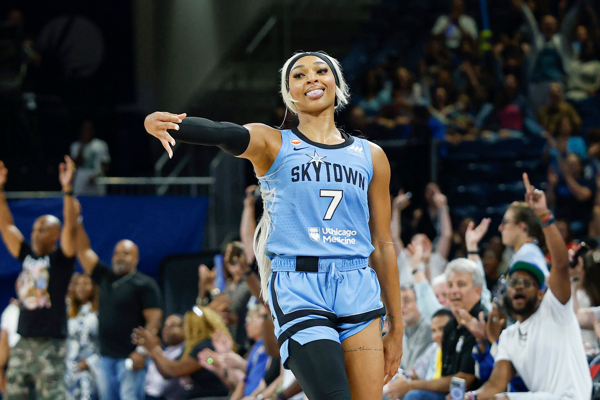 Chicago Sky guard-forward DiJonai Carrington (7) celebrates after scoring against the Connecticut Sun during the second half of a WNBA game at Wintrust Arena.