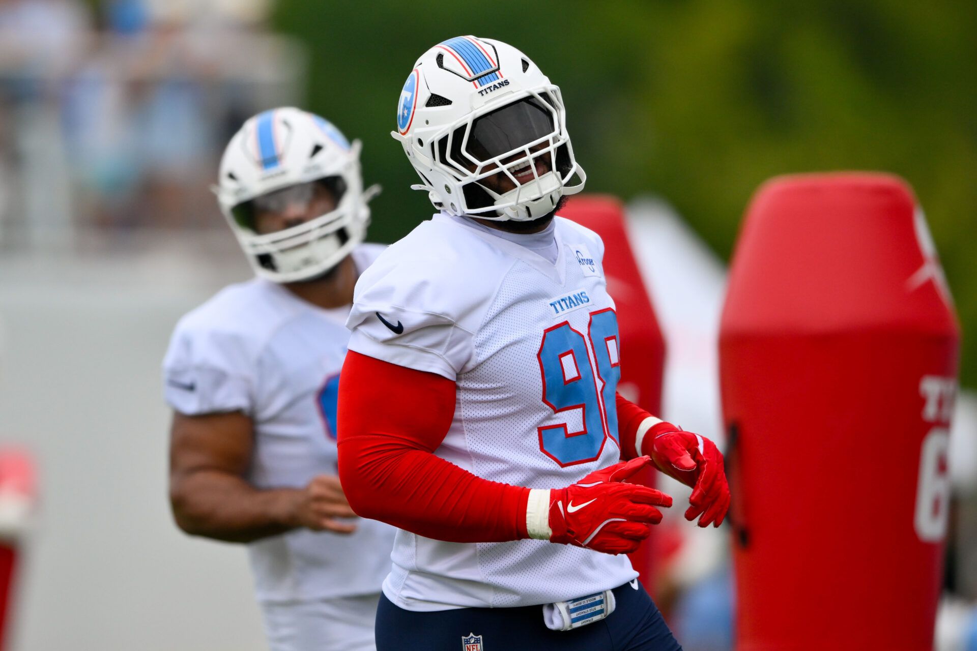 Tennessee Titans defensive tackle Jeffery Simmons (98) goes through drills during training camp at Vanderbilt Health Football Center.