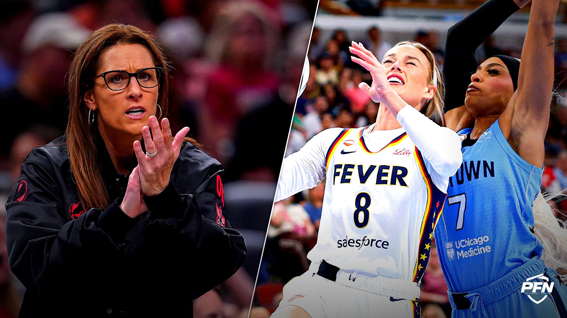 Collage featuring Indiana Fever head coach Stephanie White claps her hands in excitement Thursday, July 24, 2025, during the game at Gainbridge and BASKETBALL-WNBA-CHI-IND/.
USA TODAY Network via Reuters Connect / IMAGN IMAGES via Reuters Connect