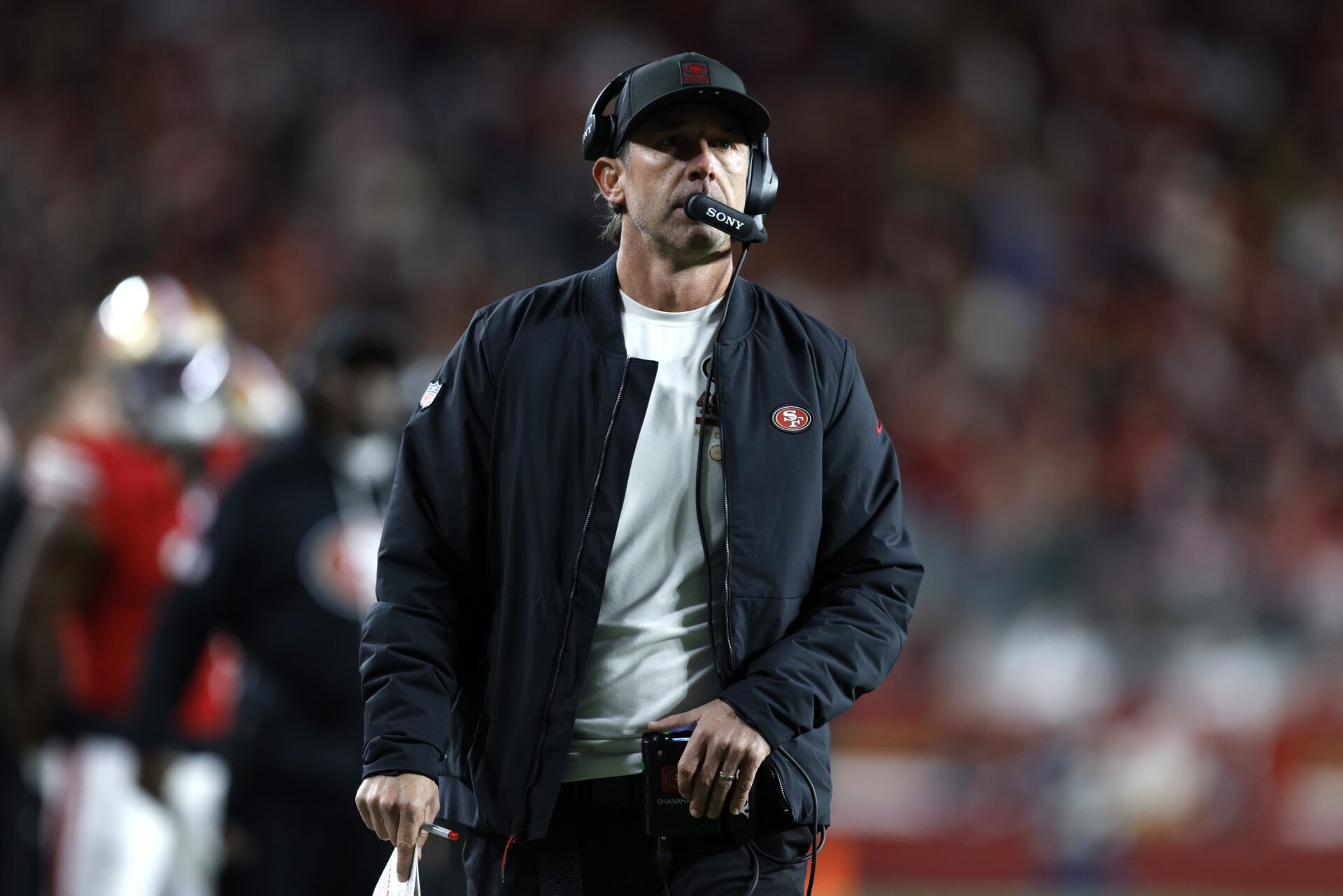 San Francisco 49ers head coach Kyle Shanahan looks on in the first half against the Chicago Bears at Levi's Stadium.
