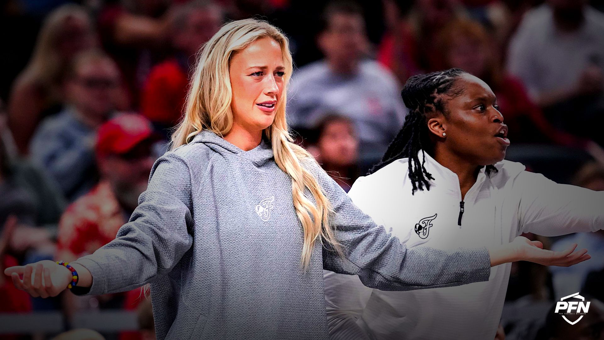 Indiana Fever guard Sophie Cunningham (8) reacts to the action Tuesday, May 20, 2025, during a game between the Indiana Fever and the Atlanta Dream at Gainbridge Fieldhouse in Indianapolis.
USA TODAY Network via Reuters Connect