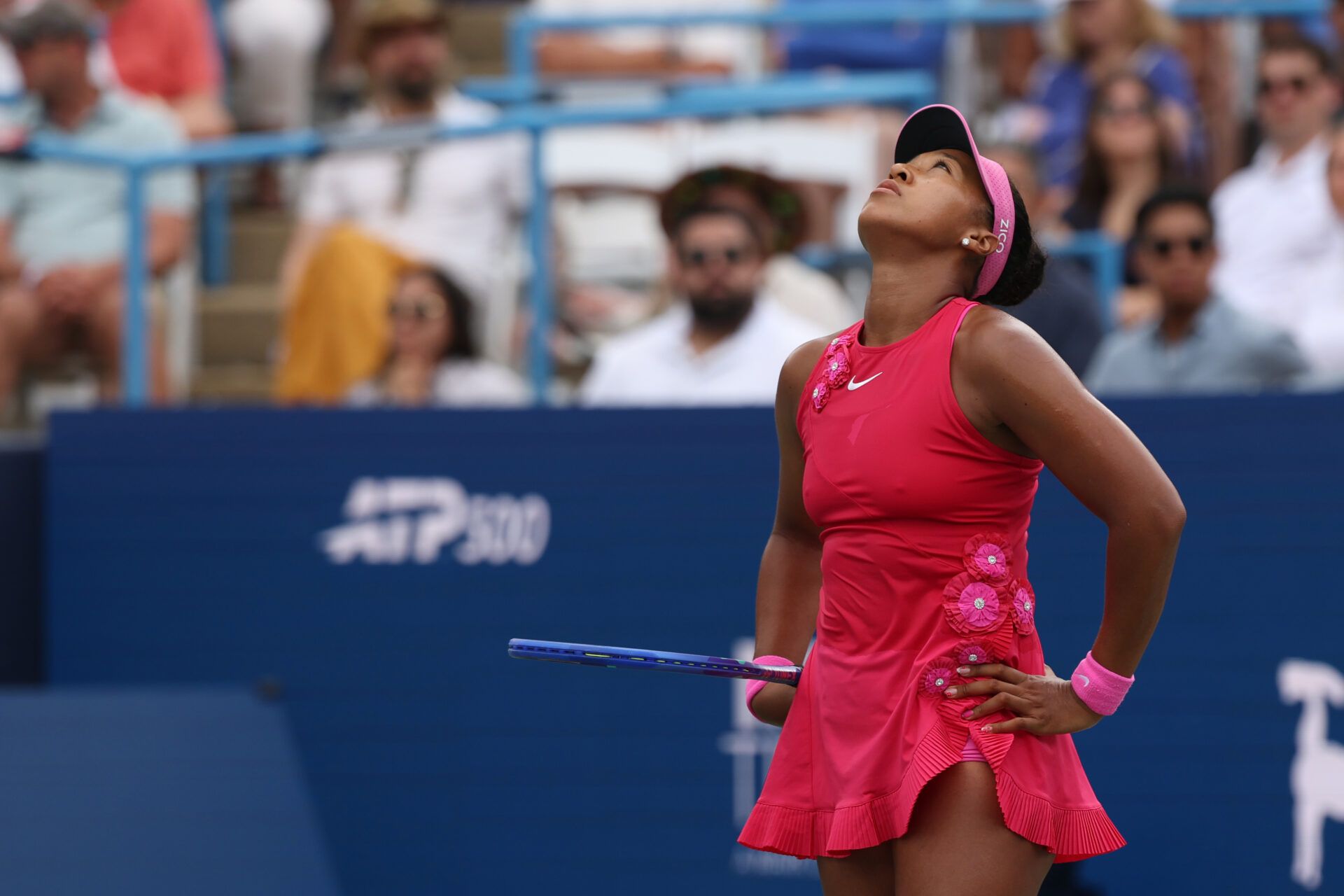 Naomi Osaka (JPN) reacts after missing a shot against Alexandra Eala (PHI) (not pictured) in a women's singles semifinal on day six of the 2026 Mubadala DC Open at Rock Creek Park Tennis Center.
