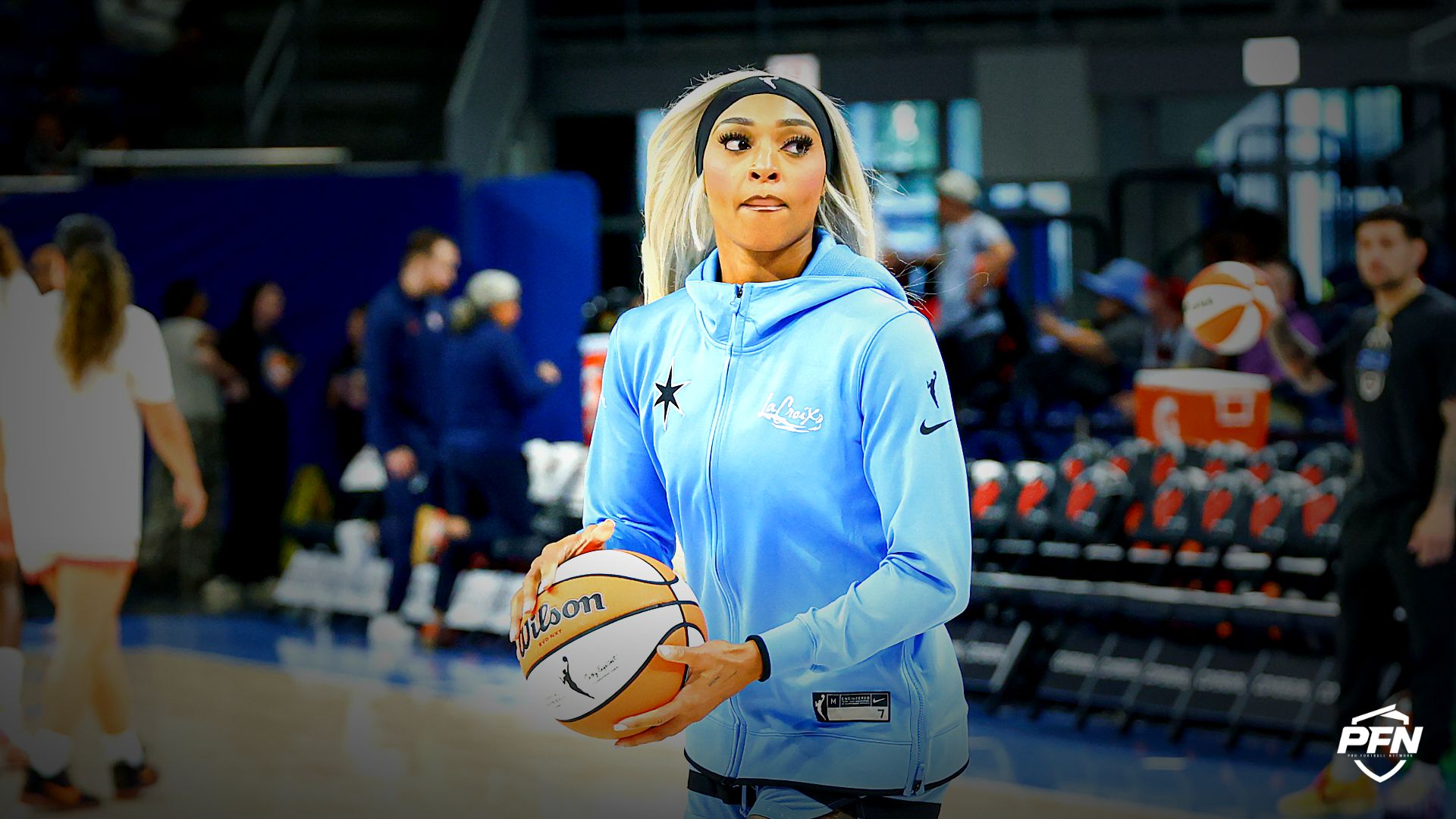 Chicago Sky guard-forward DiJonai Carrington (7) warms up before a WNBA game against the Connecticut Sun at Wintrust Arena.