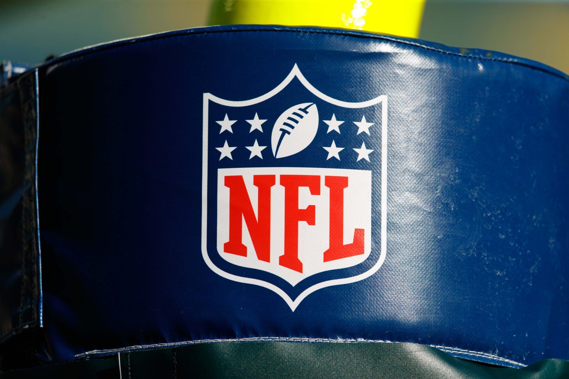 The NFL logo on goal post padding prior to the game between the Houston Texans and Green Bay Packers at Lambeau Field.