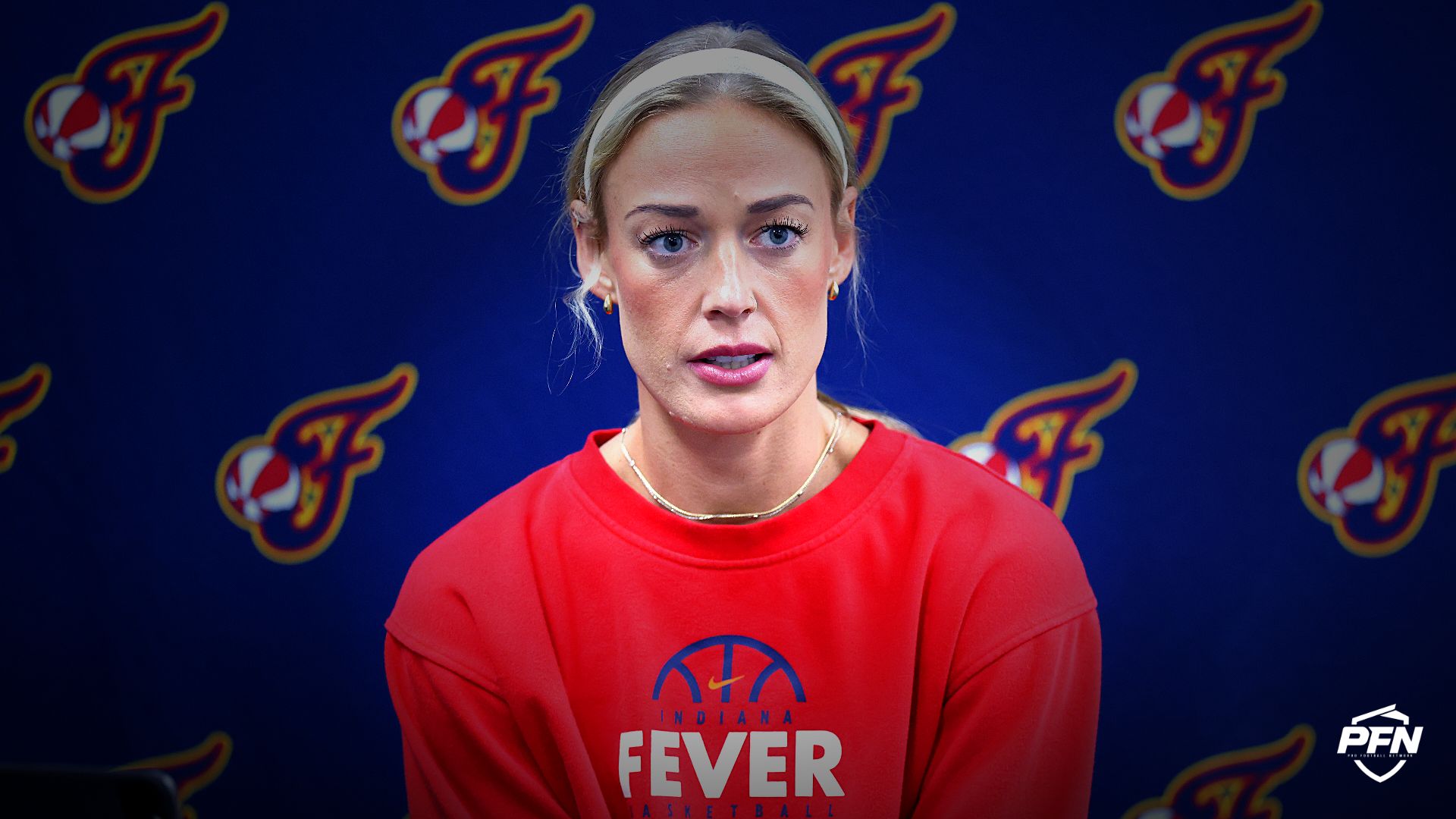 Indiana Fever guard Sophie Cunningham (8) speaks at a press conference before a game against the Portland Fire at Moda Center.