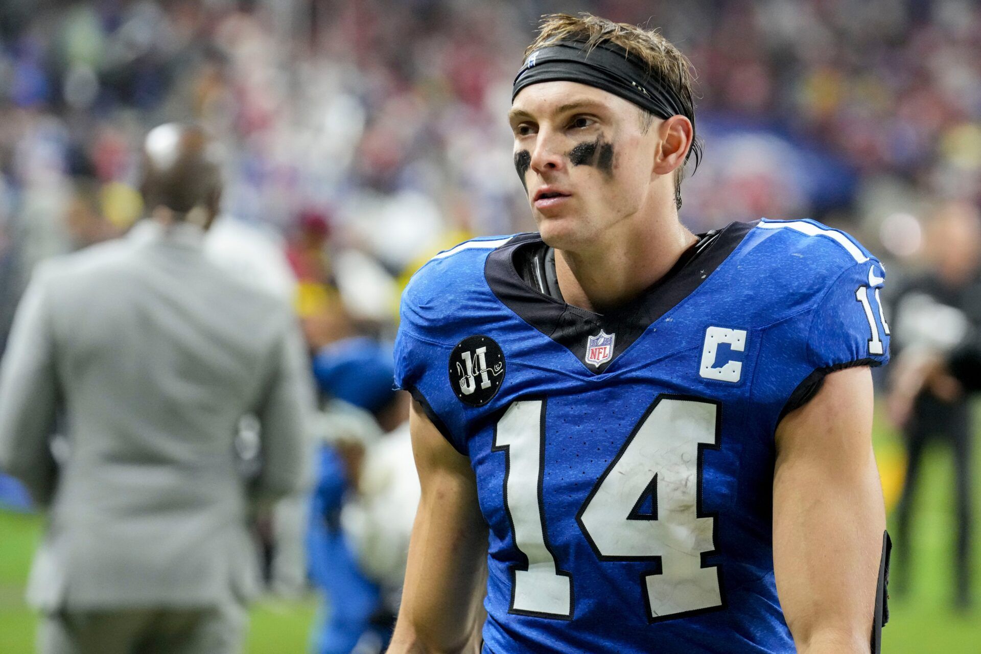 Indianapolis Colts wide receiver Alec Pierce (14) leaves the field Monday, Dec. 22, 2025, after losing a game against the San Francisco 49ers at Lucas Oil Stadium in Indianapolis.