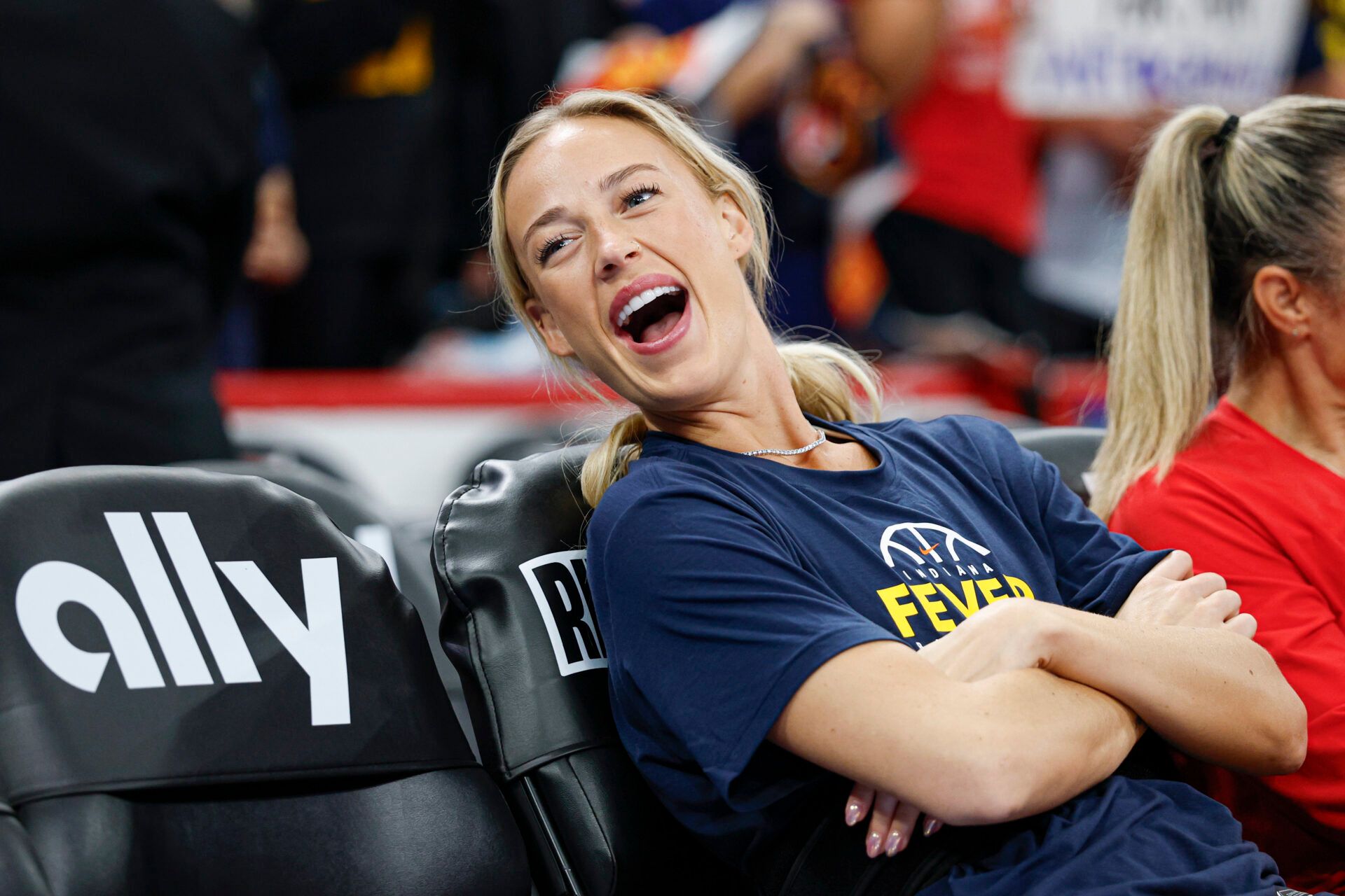 Indiana Fever guard Sophie Cunningham (8) smiles before a WNBA game against the Chicago Sky at United Center.