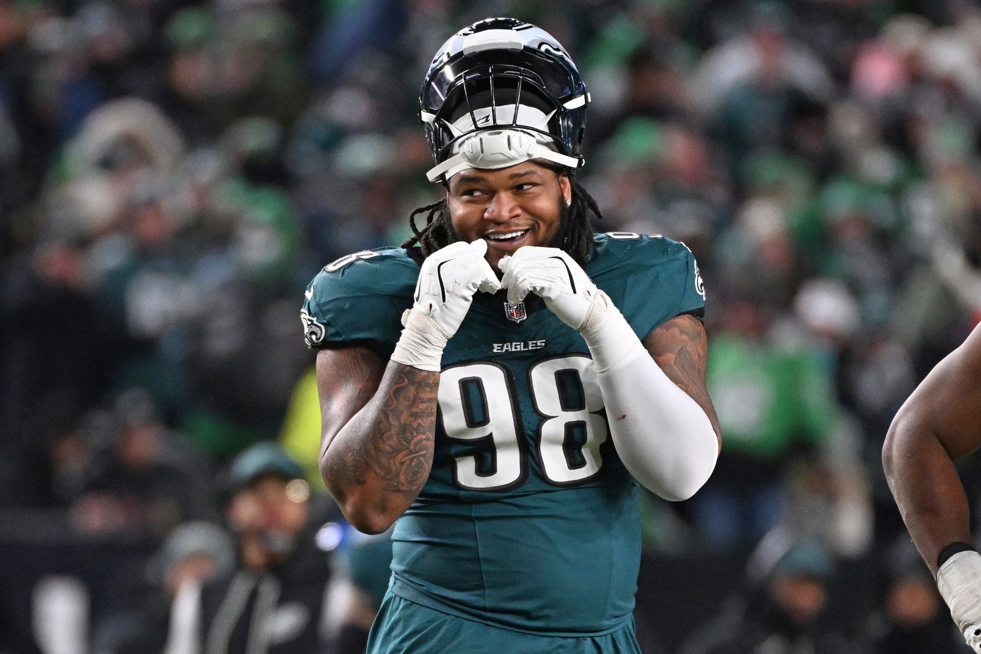 Philadelphia Eagles defensive tackle Jalen Carter (98) against the San Francisco 49ers  in an NFC Wild Card Round game at Lincoln Financial Field.