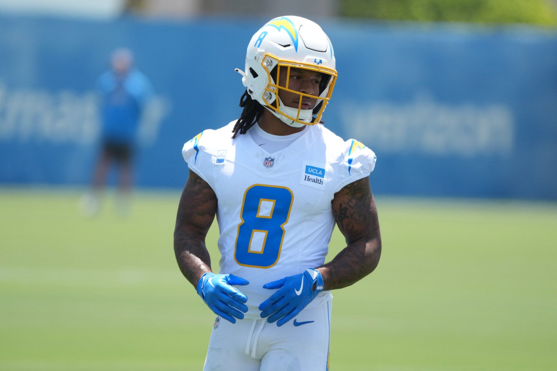 Jun 16, 2026, El Segundo, California; Los Angeles Chargers running back Omarion Hampton (8) during minicamp at The Bolt.