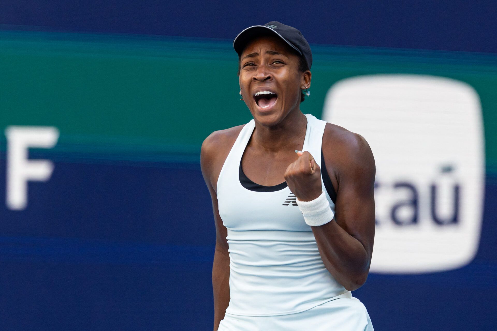 Coco Gauff of the United States celebrates during her match against Aryna Sabalenka of Belarus in the final of the women’s singles at the Hard Rock Stadium.