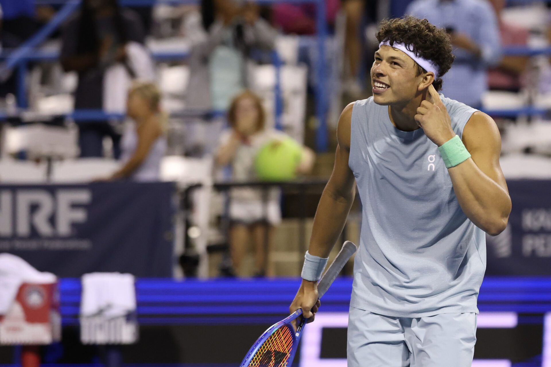 Ben Shelton (USA) gestures to the crowd after his match against Martin Damm (USA) (not pictured) on day two of the 2026 Mubadala DC Open at Rock Creek Park Tennis Center.