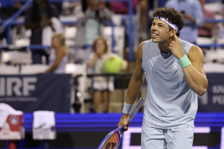 Ben Shelton (USA) gestures to the crowd after his match against Martin Damm (USA) (not pictured) on day two of the 2026 Mubadala DC Open at Rock Creek Park Tennis Center.