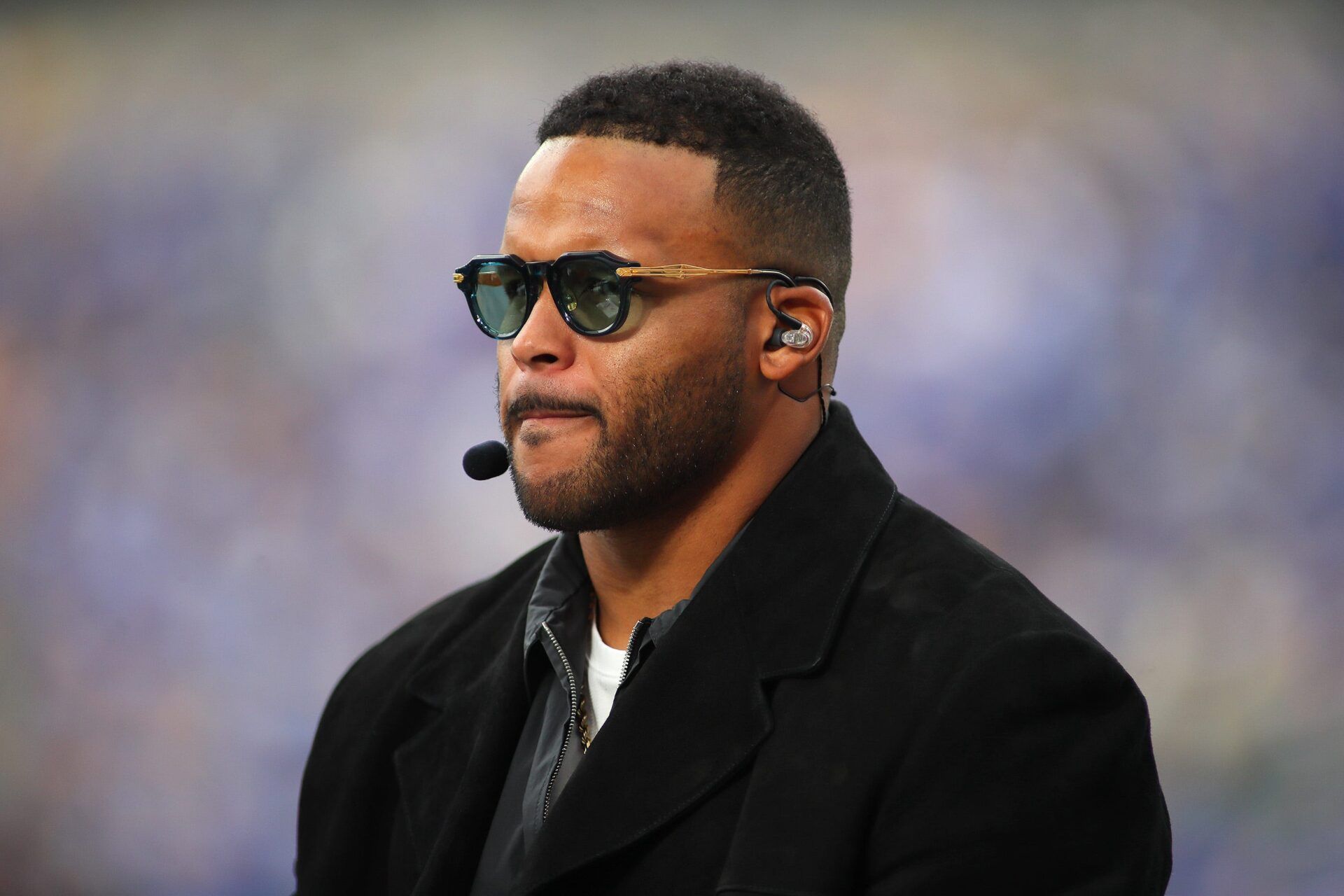 Former Pittsburgh Panther and retired NFL defensive tackle Aaron Donald speaks live as a special guest during the ESPN GameDay broadcast on the sidelines at Acrisure Stadium in Pittsburgh, PA prior to the start of the Pittsburgh Panthers vs Notre Dame Fighting Irish game on November 15, 2025.