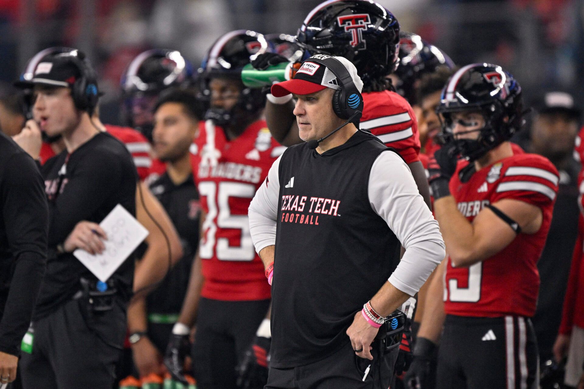 Texas Tech Red Raiders head coach Joey McGuire looks on during the game between the Red Raiders and the Cougars at AT&T Stadium.