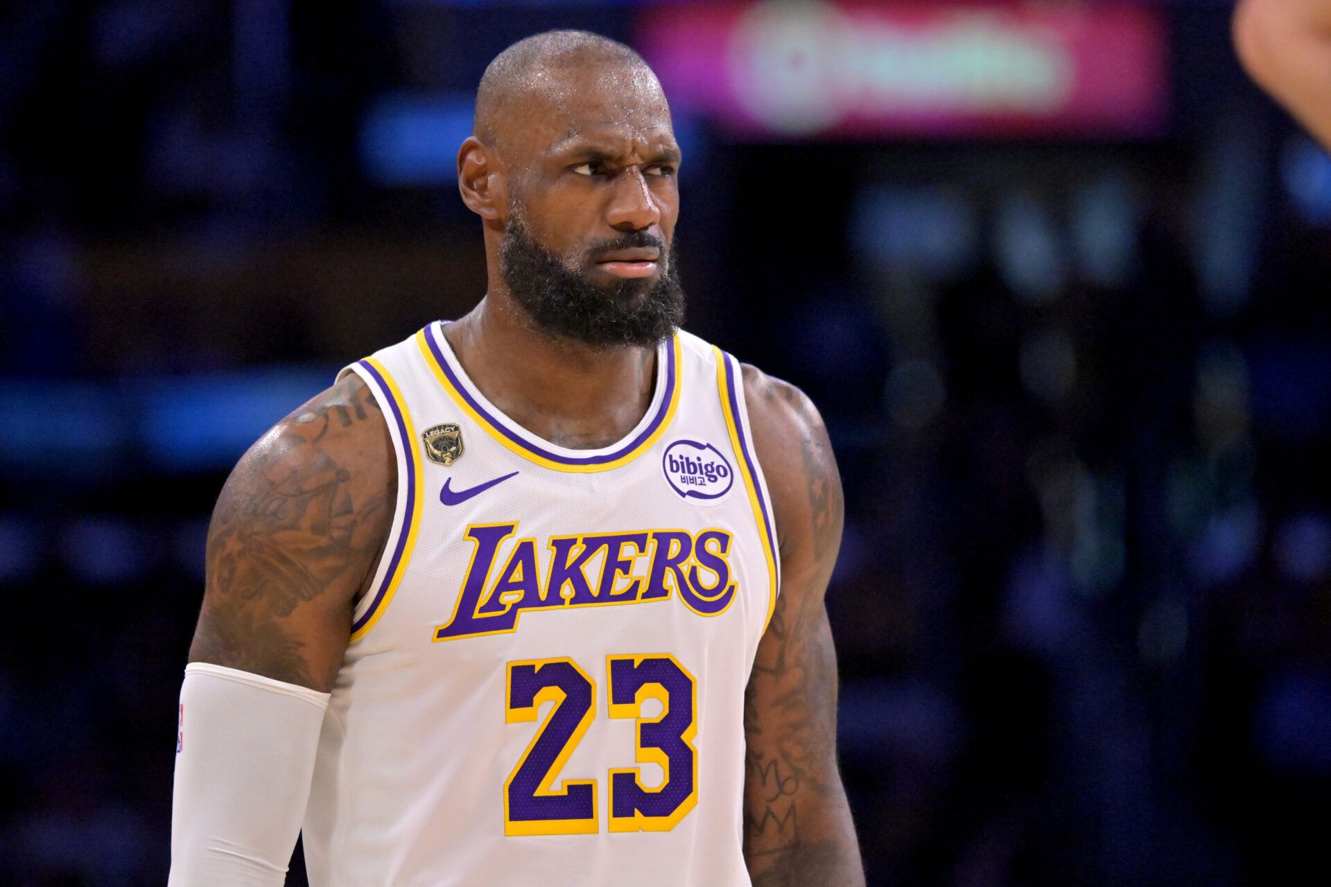 Los Angeles Lakers forward LeBron James (23) reacts after a foul in game three of the second round of the 2026 NBA Playoffs against the Oklahoma City Thunder at Crypto.com Arena.
